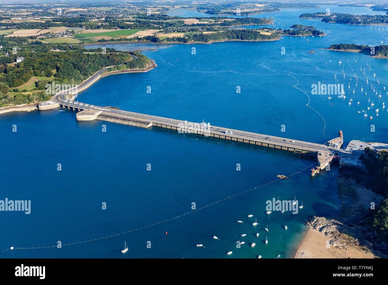 France, Ille et Vilaine, Saint Malo, tidal power station on the Rance river (aerial view) Stock Photo