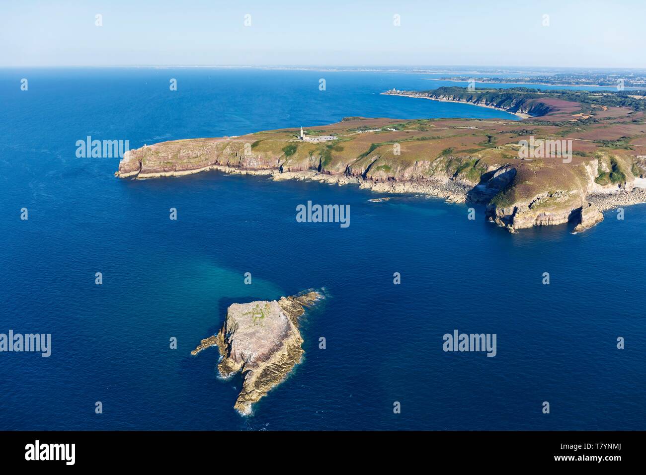 France, Cotes d'Armor, Plevenon, Amas du Cap rock and the Cap Frehel (aerial view) Stock Photo