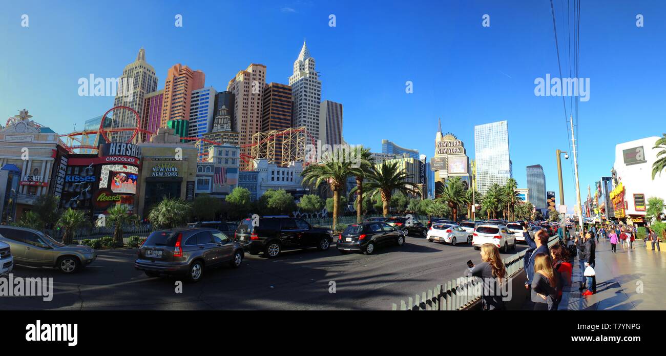 LAS VEGAS, NV, USA - FEBRUARY 2019: Panoramic view in Las Vegas with the New York New York Hotel on the left and the MGM Grand Hotel on the right. Stock Photo