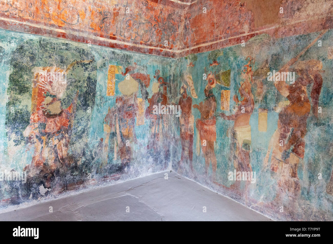 Bonampak murals mayan paintings at Bonampak Mexico. This image of Room1, of the three rooms in the Temple of Murals showing a gathering of dignitaries Stock Photo
