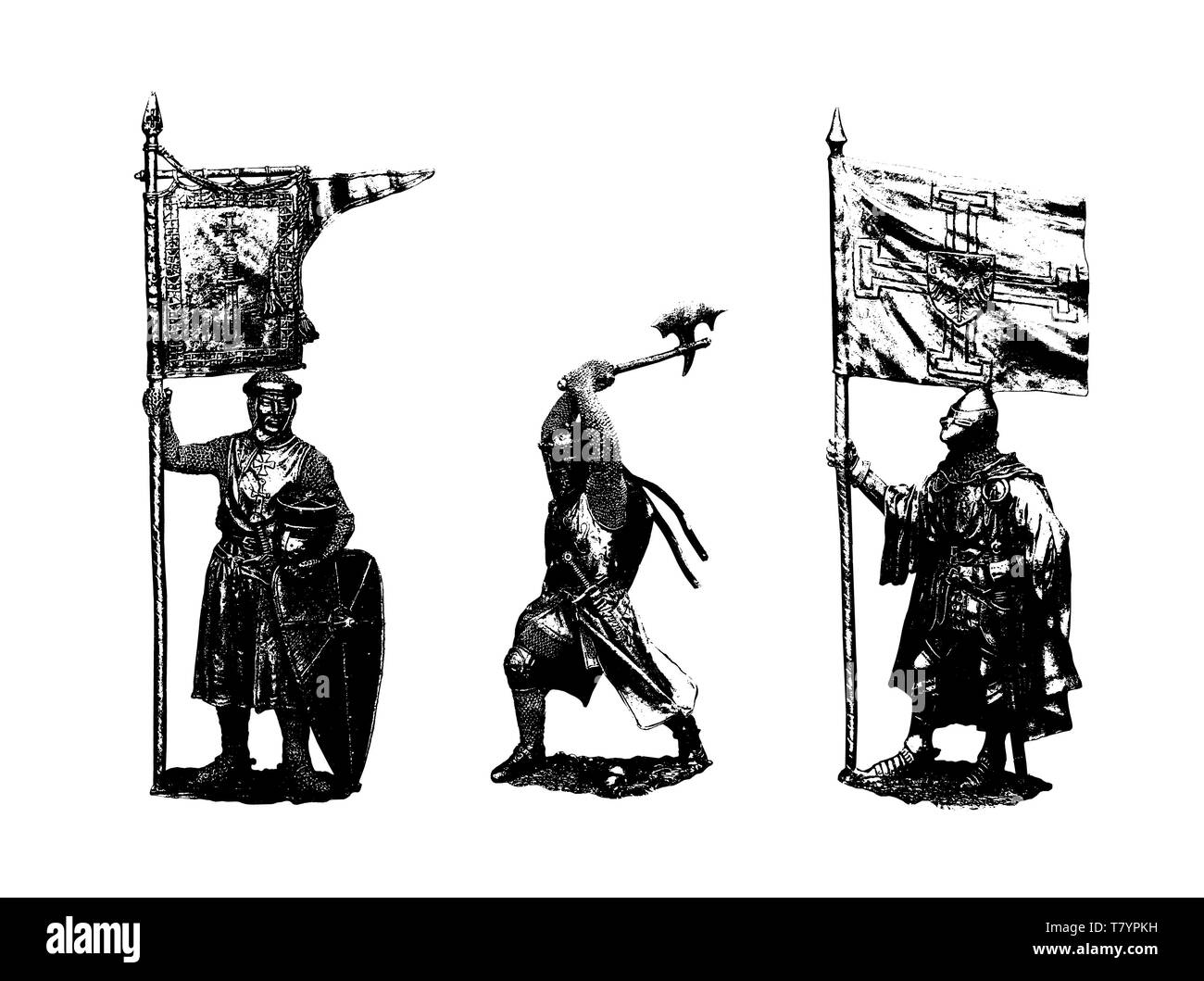 Medieval knights illustration. Knight picture. Set of 3 medieval crusaders. Digital drawing. Stock Photo