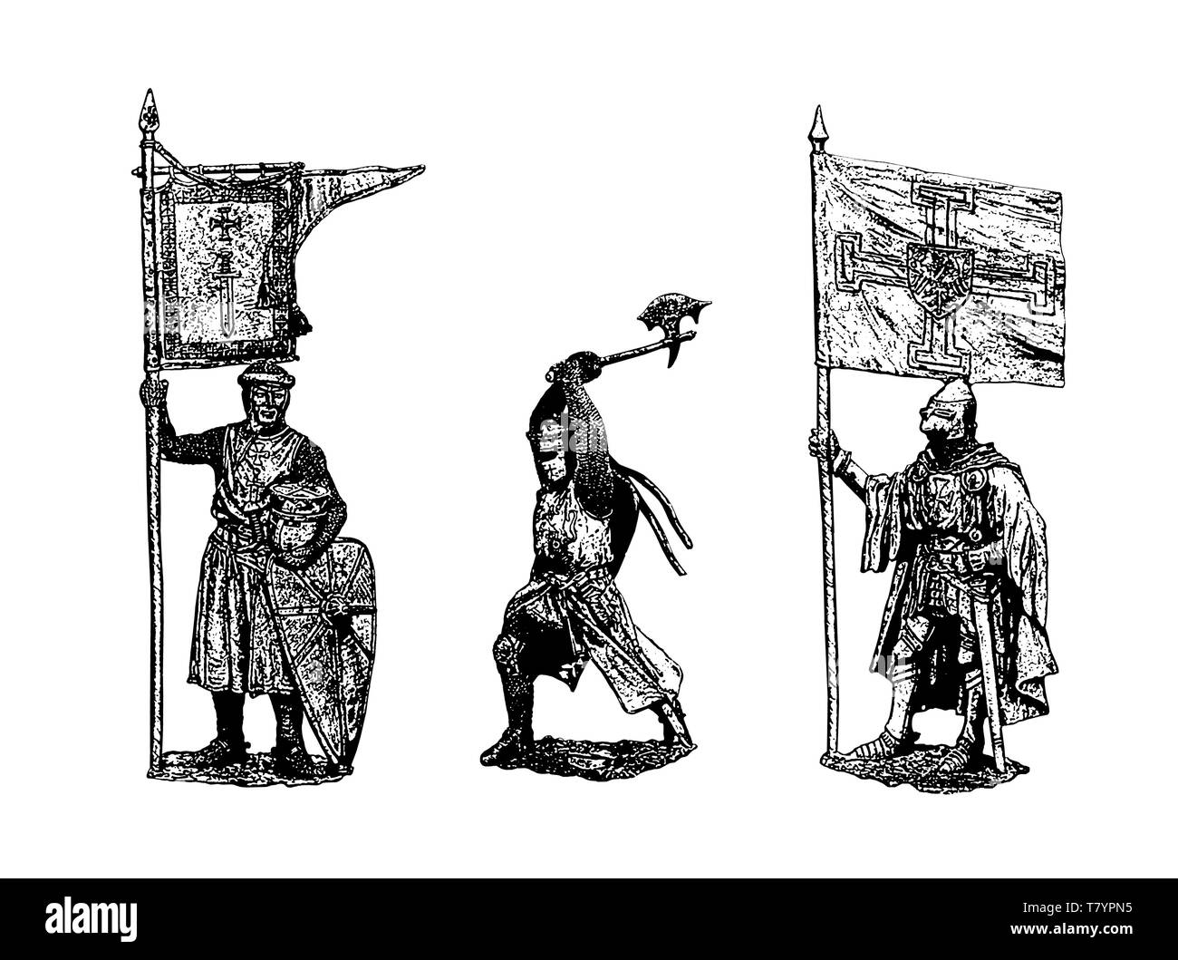 Medieval knights illustration. Knight picture. Set of 3 medieval crusaders. Digital drawing. Stock Photo