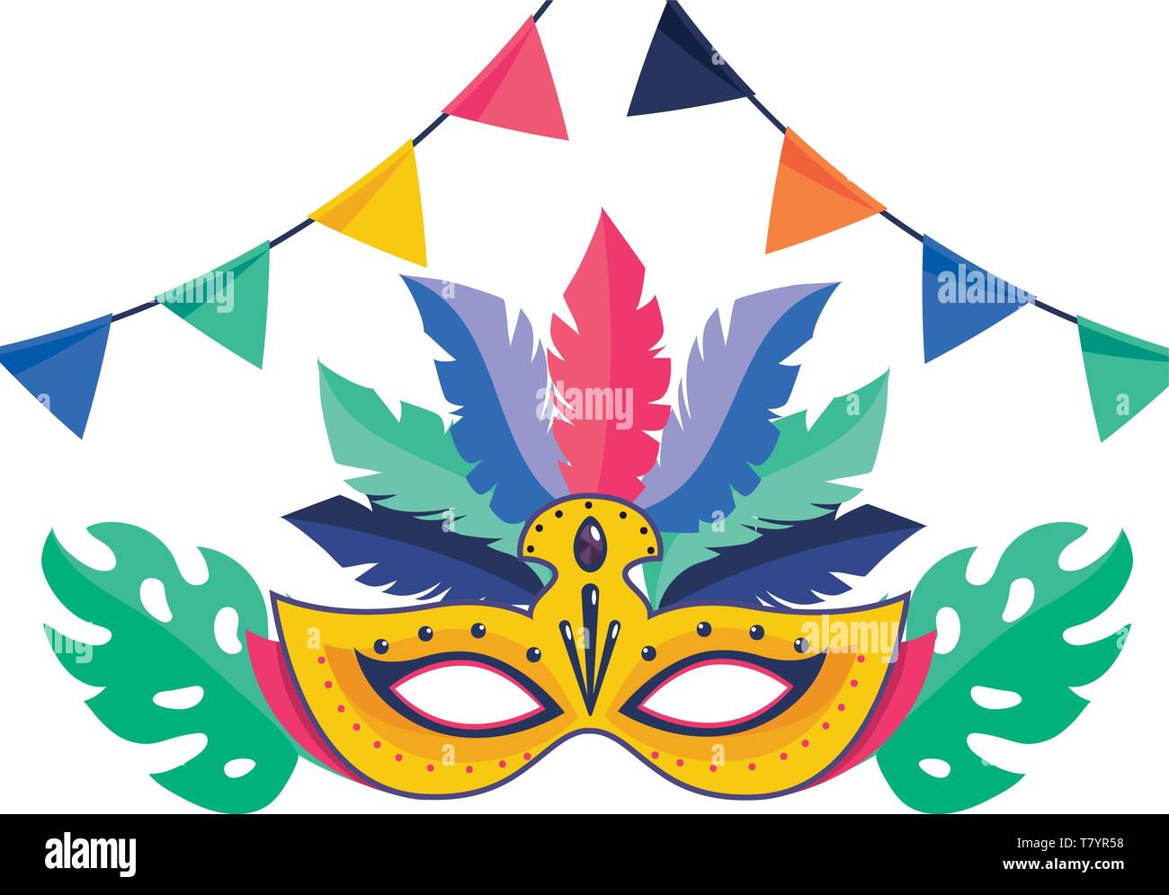 mask brazil carnival with feathers between pennants and leaves vector ...