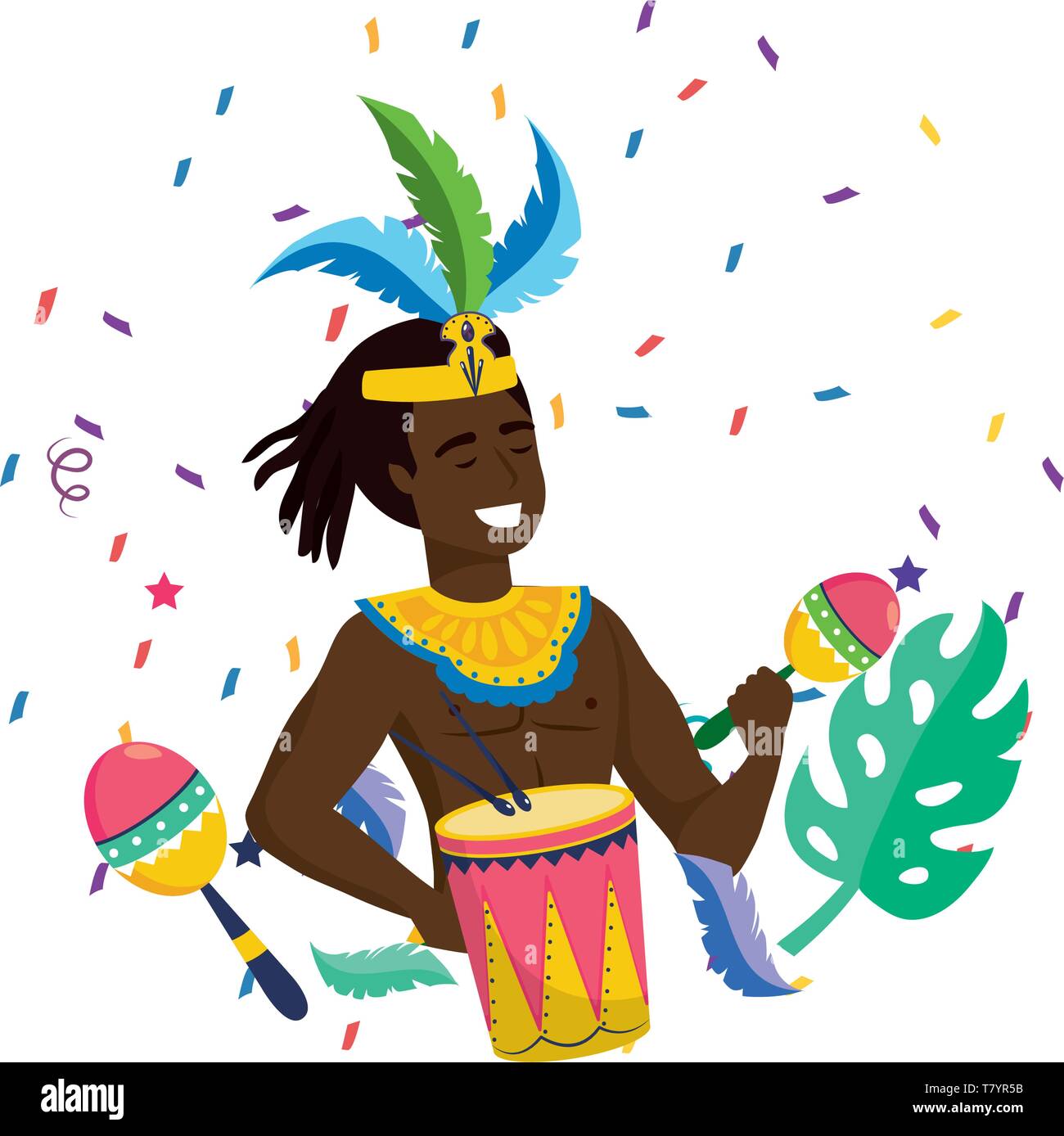 man with feather headdress drume and maracas celebrating brazil carnival vector illustration editable Stock Vector
