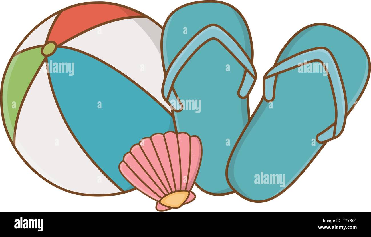 summer time with beach ball flip flops and shell cartoon flay style ...