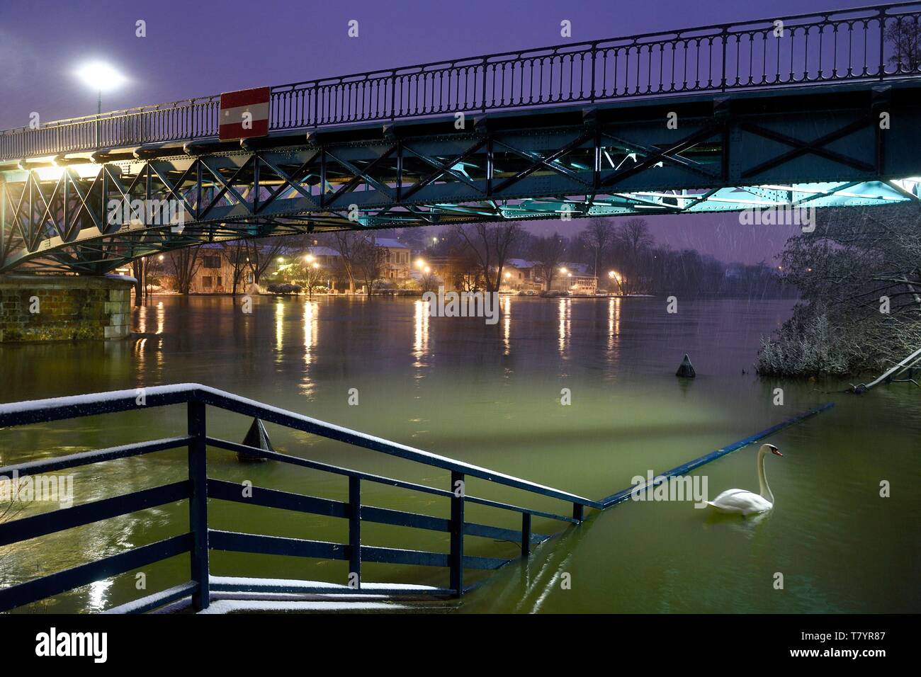 France, Val de Marne, Bry sur Marne, the footbridge made by Gustave Eiffel between Bry sur Marne and Le Perreux sur Marne in the background, the banks of the Marne flooded Stock Photo