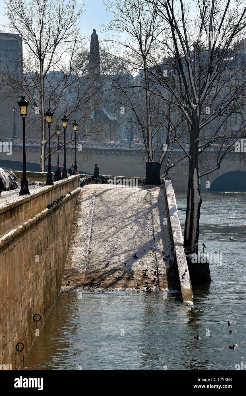 France, Paris, area listed as World Heritage by UNESCO, the banks of the Seine, classified World Heritage by UNESCO, the banks of the Seine in flood on the Ile Saint Louis under the snow, the Tournelle bridge in the background Stock Photo