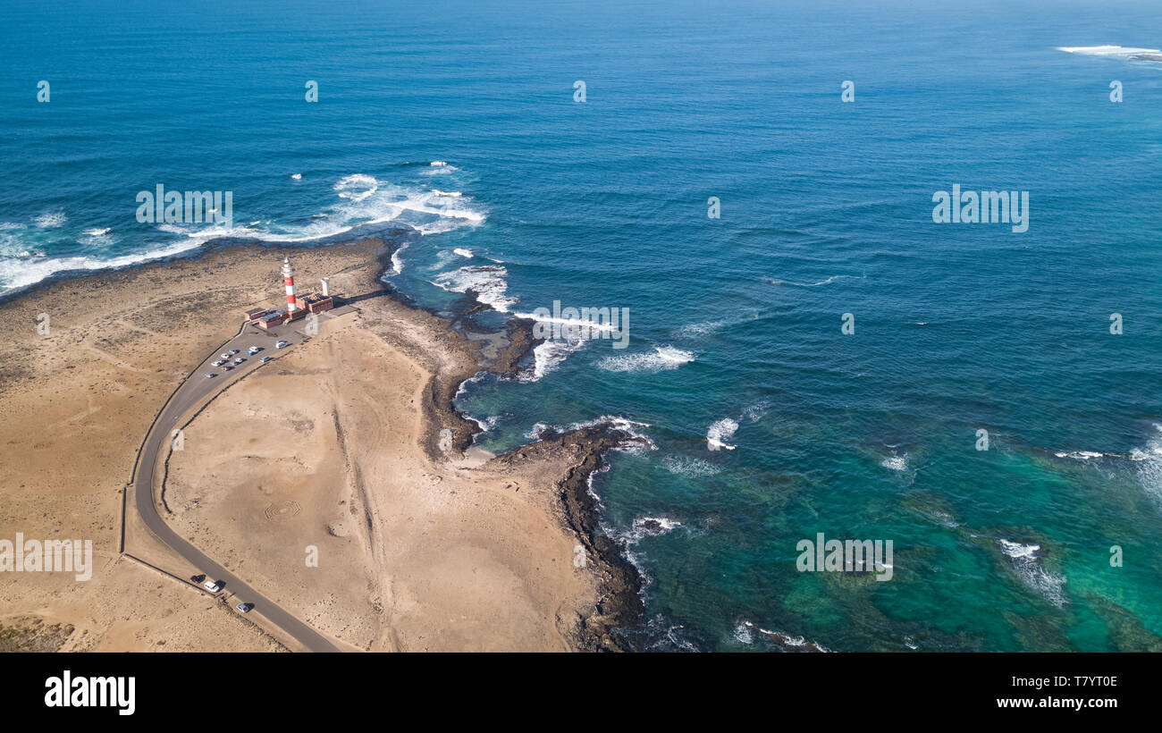aerial view of lighthouse at sunset, fuerteventura - El Toston Stock Photo
