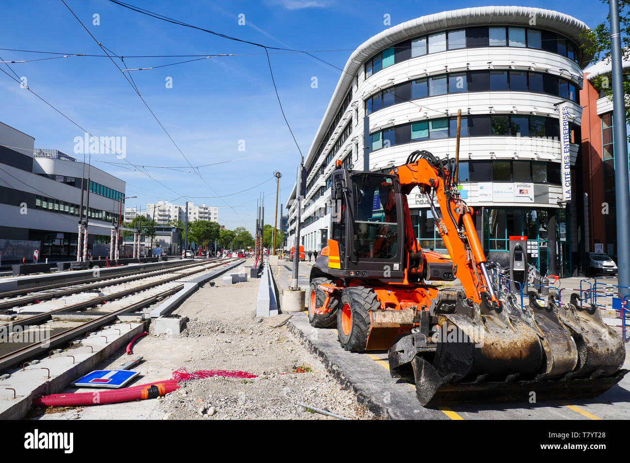 Street works at foot of the IRI, Industrial Resources Institute, Lyon, France Stock Photo