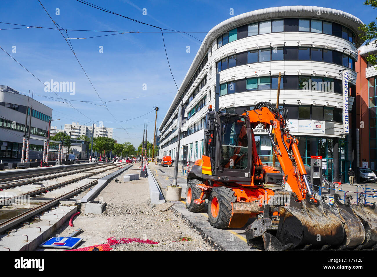 Street works at foot of the IRI, Industrial Resources Institute, Lyon, France Stock Photo