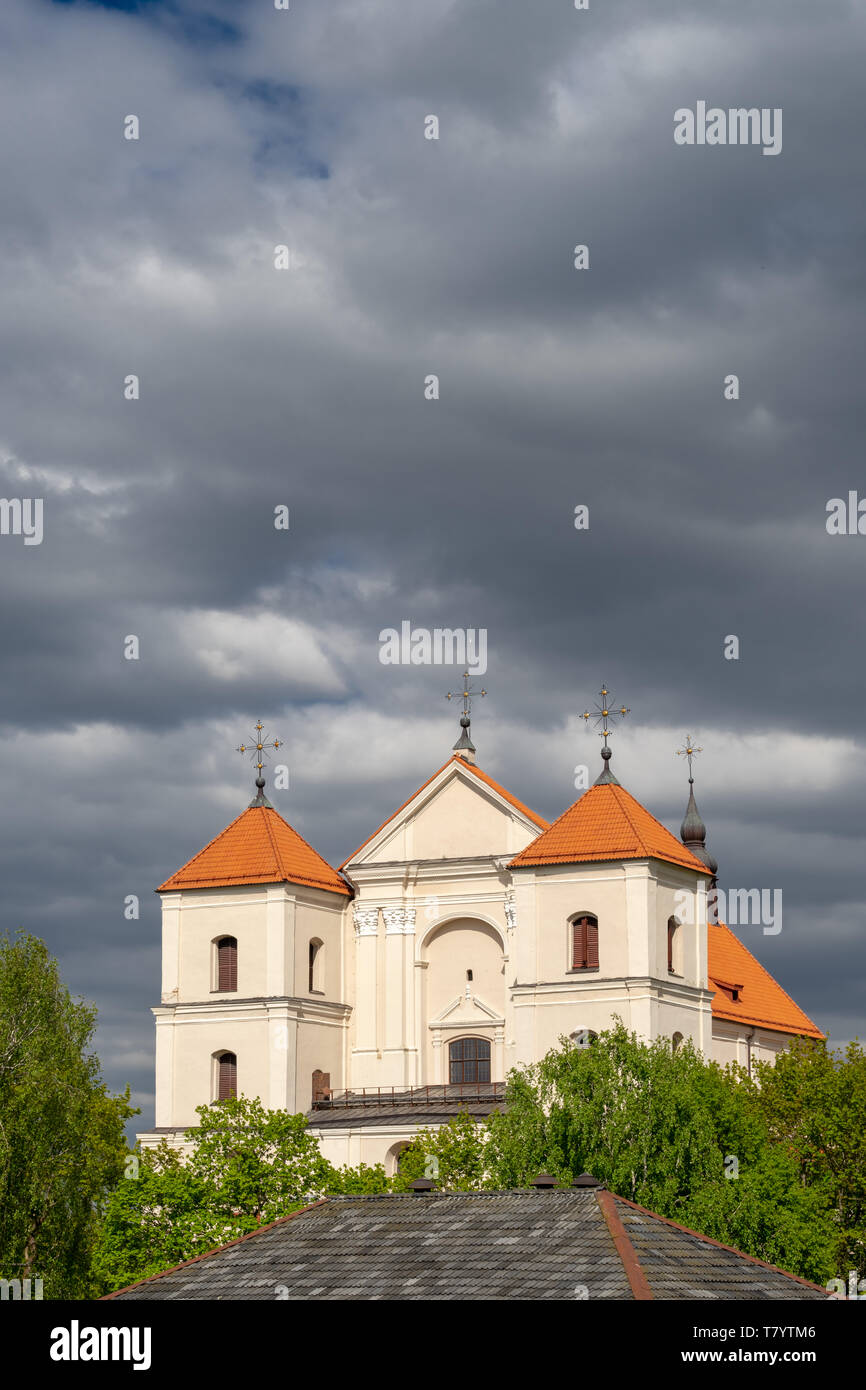 The facade of Trakai Basilica of the Virgin Mary Visit in Lithuania. Church is founded by Vytautas the Great in 1409. With copy space for text. Stock Photo