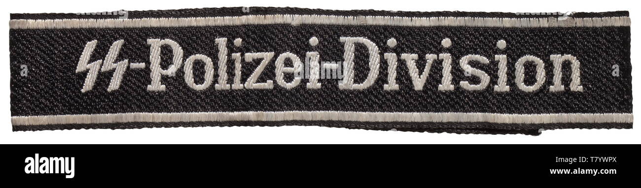A cuff title 'SS-Polizei-Division' for enlisted men/NCOs of the 4th SS-Polizei-Panzer-Grenadier-Division, 2nd model. Black and silver-grey woven BeVo type with sewn ends and woven maker's name 'BEVO-WUPPERTAL'. Unissued, with small flaws. Length 40 cm. historic, historical, 20th century, 1930s, 1940s, Waffen-SS, armed division of the SS, armed service, armed services, NS, National Socialism, Nazism, Third Reich, German Reich, Germany, military, militaria, utensil, piece of equipment, utensils, object, objects, stills, clipping, clippings, cut out, cut-out, cut-outs, fascism, Editorial-Use-Only Stock Photo
