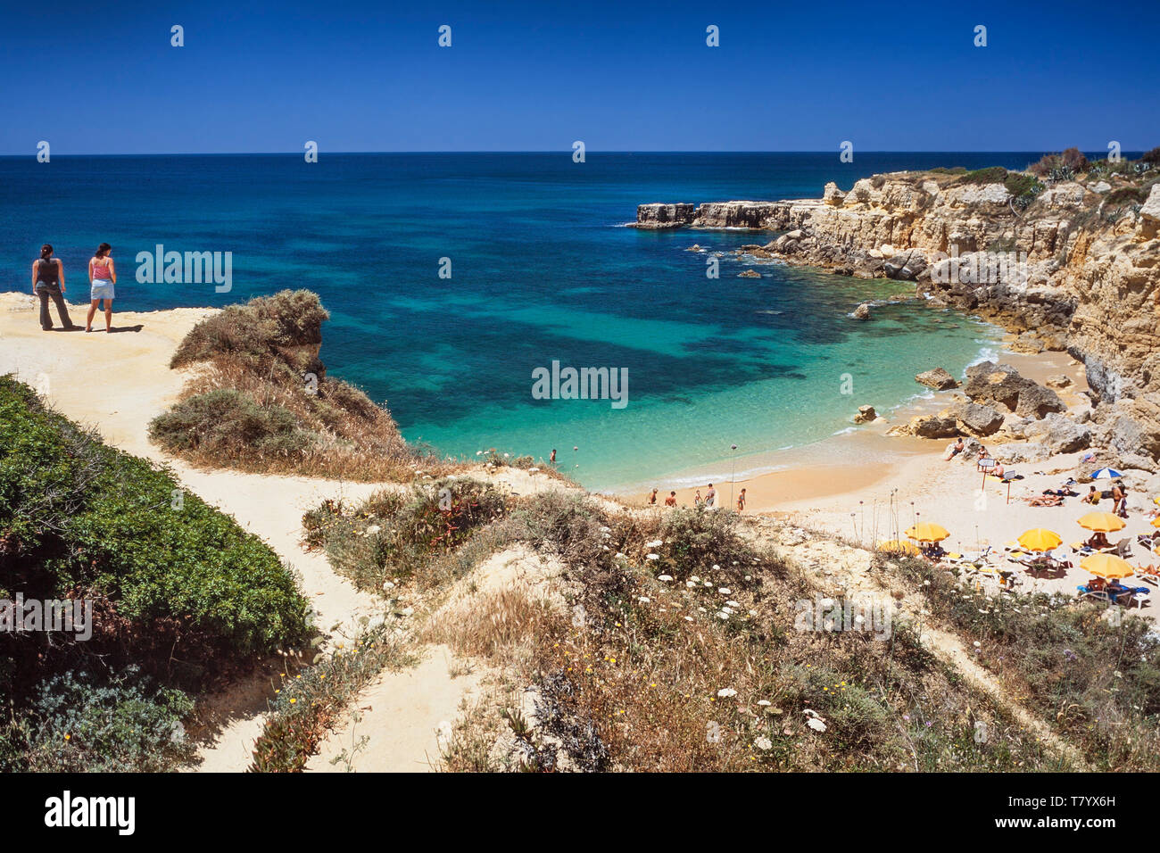 Algarve rocky coastline near Albufeira, Southern Portugal Stock Photo