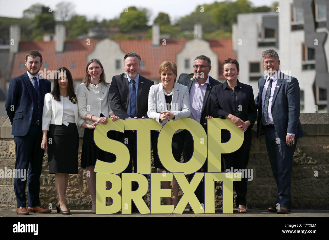 The SNP launch their European election campaign and their party's six candidates (from left) Alex Kerr, Margaret Ferrier, Aileen McLeod, Alyn Smith, First Minister Nicola Sturgeon, Christian Allard and Heather Anderson with depute leader Keith Brown at Dynamic Earth, Edinburgh. Stock Photo