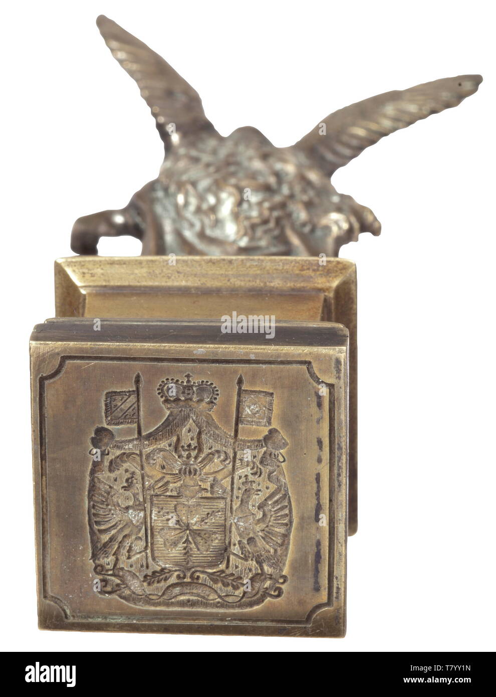 Otto Prince of Bismarck (1815 - 1898) - his personal seal. Brass with  vestiges of former gilding, the rectangular seal surface with a carved Bismarck  coat of arms in the style after