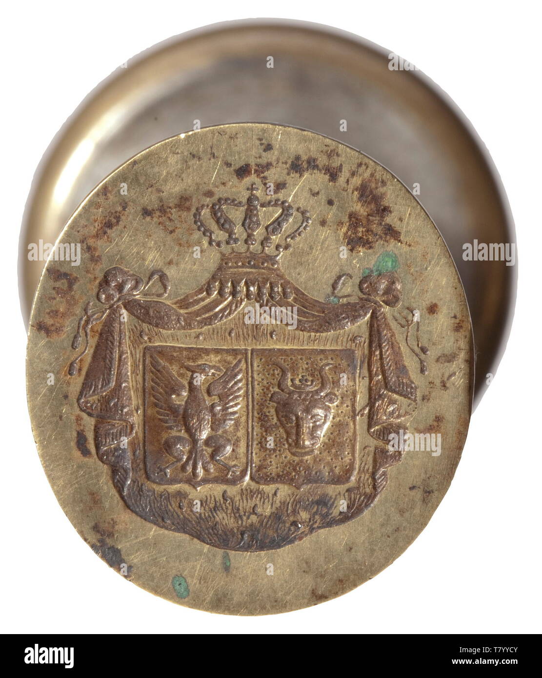 Adolf Friedrich von Mecklenburg-Strelitz (1819 - 1904) - his personal seal and family documents The seal made of brass, cut with the oval alliance coat of arms of the Grand Duke and his wife Elisabeth von Anhalt. Height 9.8 cm. Included are five hard cardboard photographs of the Grand Duke and his family, four cartes de visite and condolence cards of members of the Mecklenburg-Strelitz family (Adolf Friedrich, Johann Albrecht, Georg Alexander and Paul, Duke of Mecklenburg) and documentation on the obsequies for His Royal Highness Friedrich Wilhel, Additional-Rights-Clearance-Info-Not-Available Stock Photo