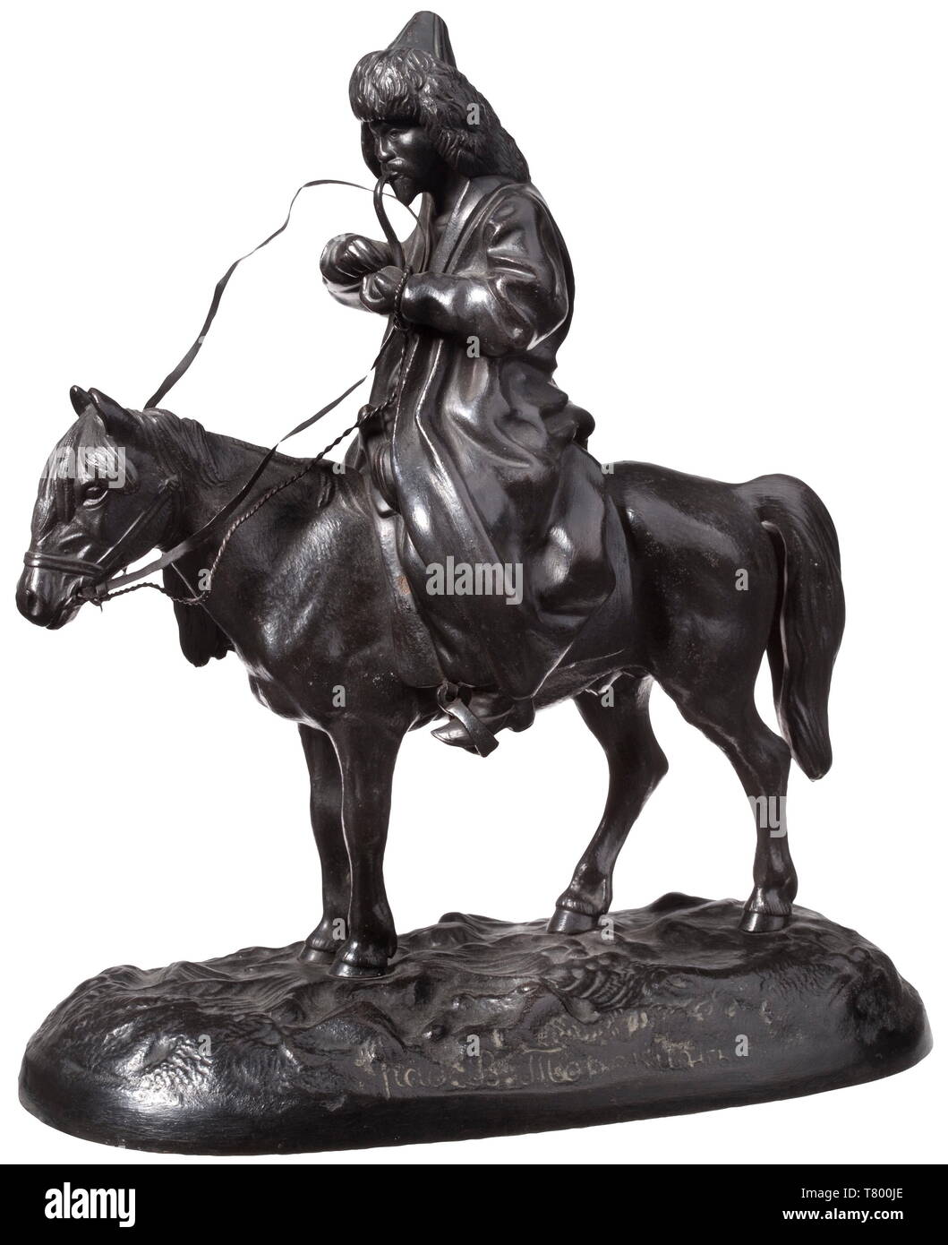 An iron sculpture - a Kyrgyz on horseback Vasily Fedorovich Torokin (1845 - 1912). A Kyrgyz on horseback, stuffing a pipe. Mounted on an oval base plate signed in Cyrillic on the side, and with the caster's stamp 'A.L. Ober' and the tsarist double-headed eagle on the bottom. 19 x 22 cm historic, historical, 19th century, Additional-Rights-Clearance-Info-Not-Available Stock Photo