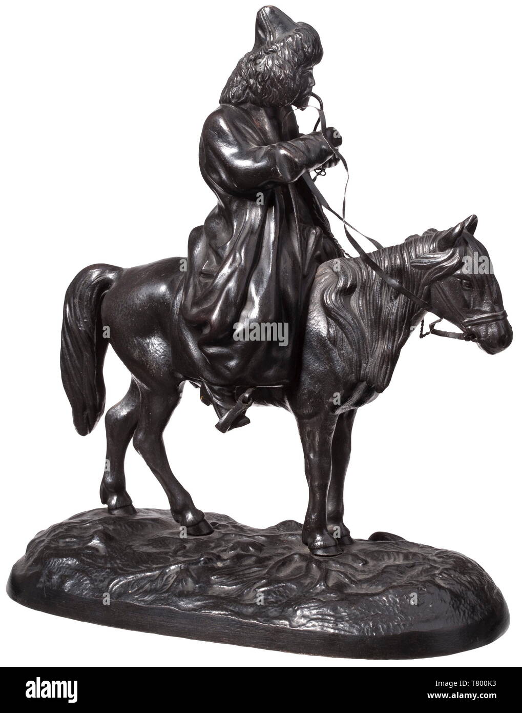 An iron sculpture - a Kyrgyz on horseback Vasily Fedorovich Torokin (1845 - 1912). A Kyrgyz on horseback, stuffing a pipe. Mounted on an oval base plate signed in Cyrillic on the side, and with the caster´s stamp 'A.L. Ober' and the tsarist double-headed eagle on the bottom. 19 x 22 cm historic, historical, 19th century, Additional-Rights-Clearance-Info-Not-Available Stock Photo