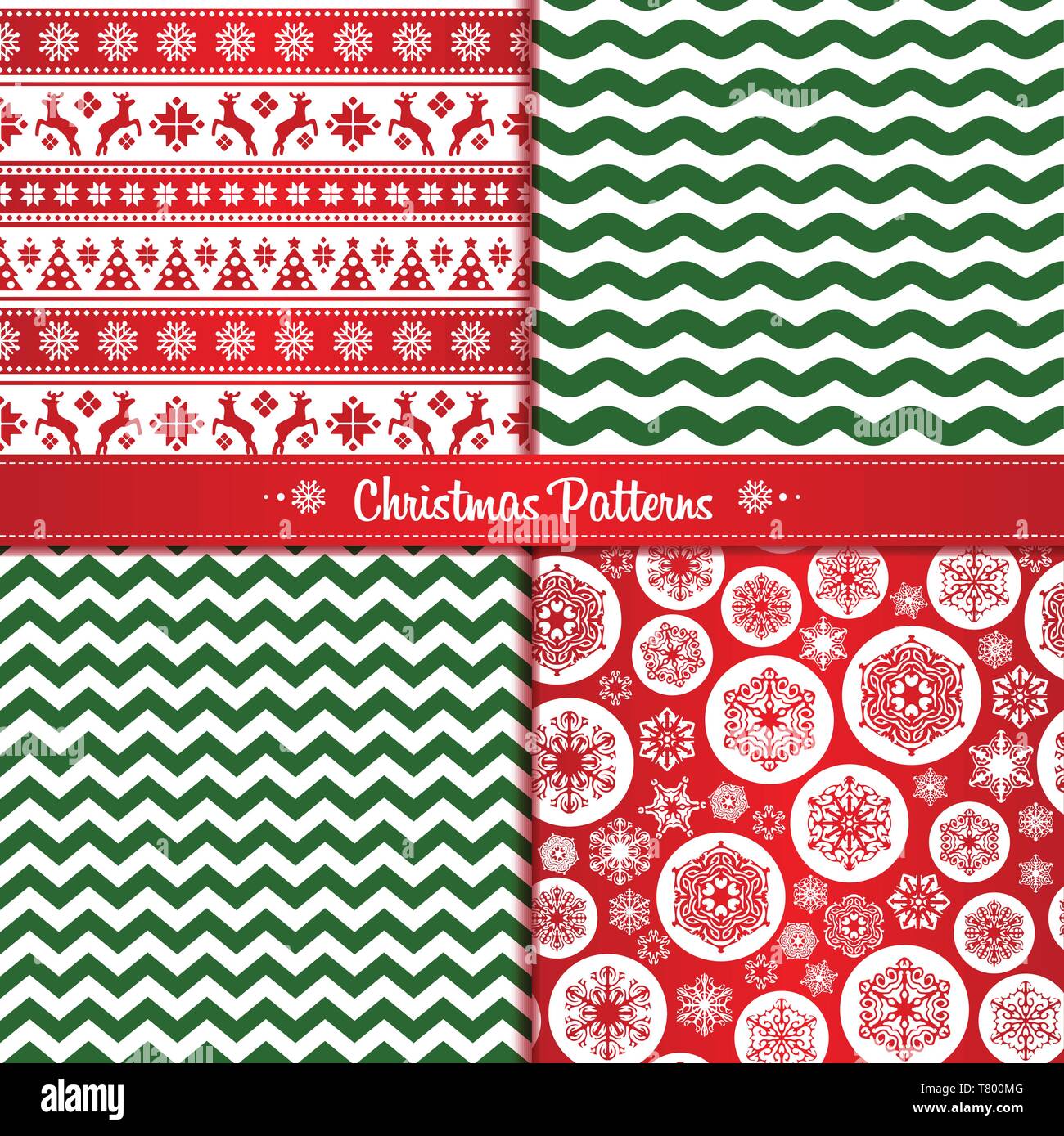 Set Christmas seamless patterns of red and green with reindeer and ...