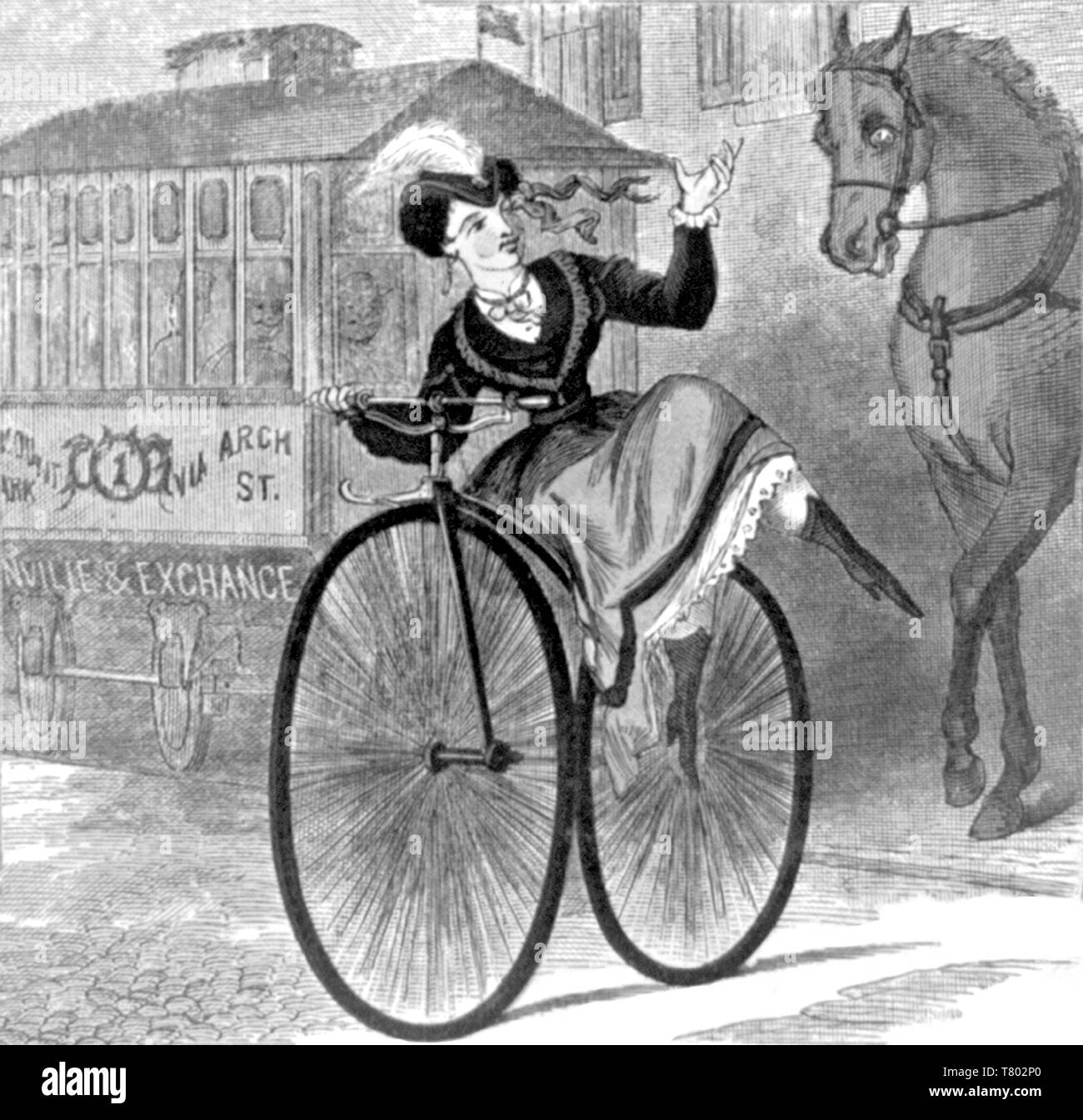 Woman Riding Velocipede, 1869 Stock Photo
