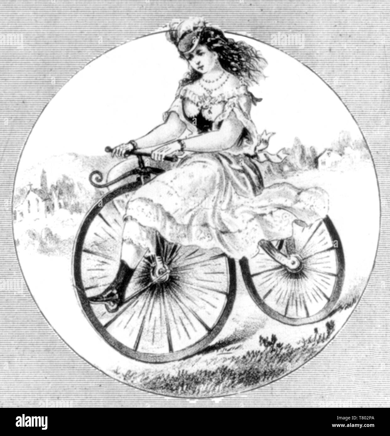 Woman Riding Velocipede, 1869 Stock Photo