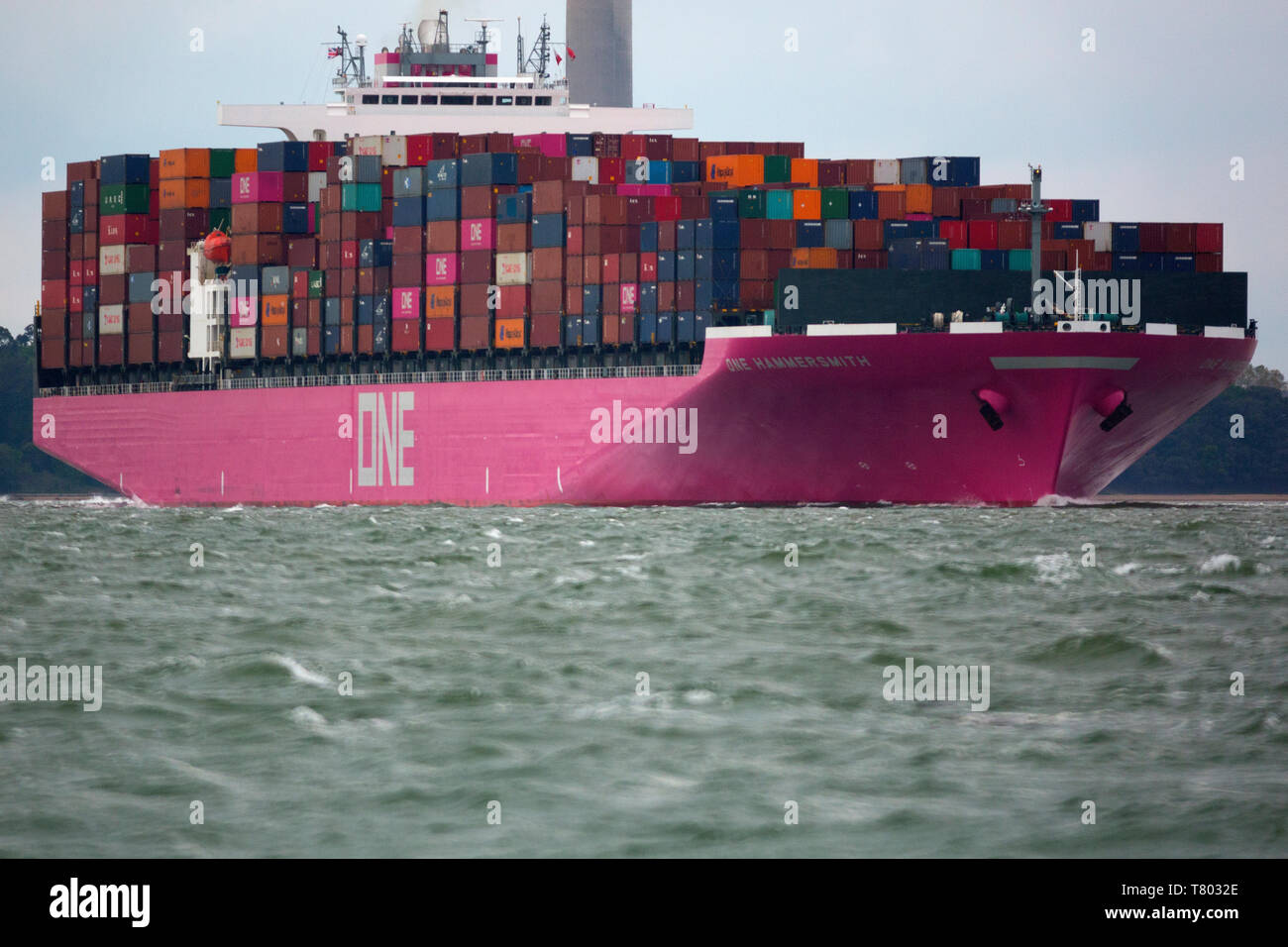 large,import,services,shipping,agent,port,harbour,master,launch,escort,pilot,Container,Ship,Southampton,Terminal,The Solent,China,Europe,import,trade, Stock Photo