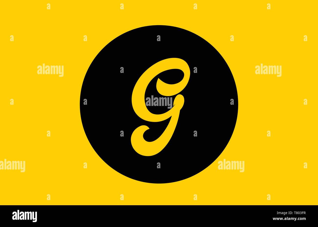 yellow G letter alphabet icon design with black circle suitable for a