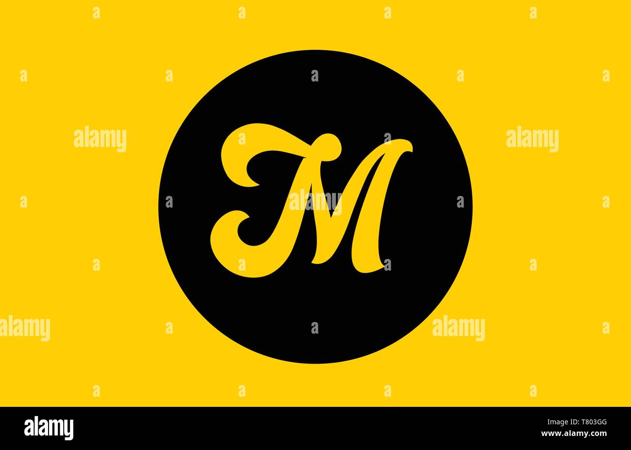 yellow M letter alphabet icon design with black circle suitable for a ...