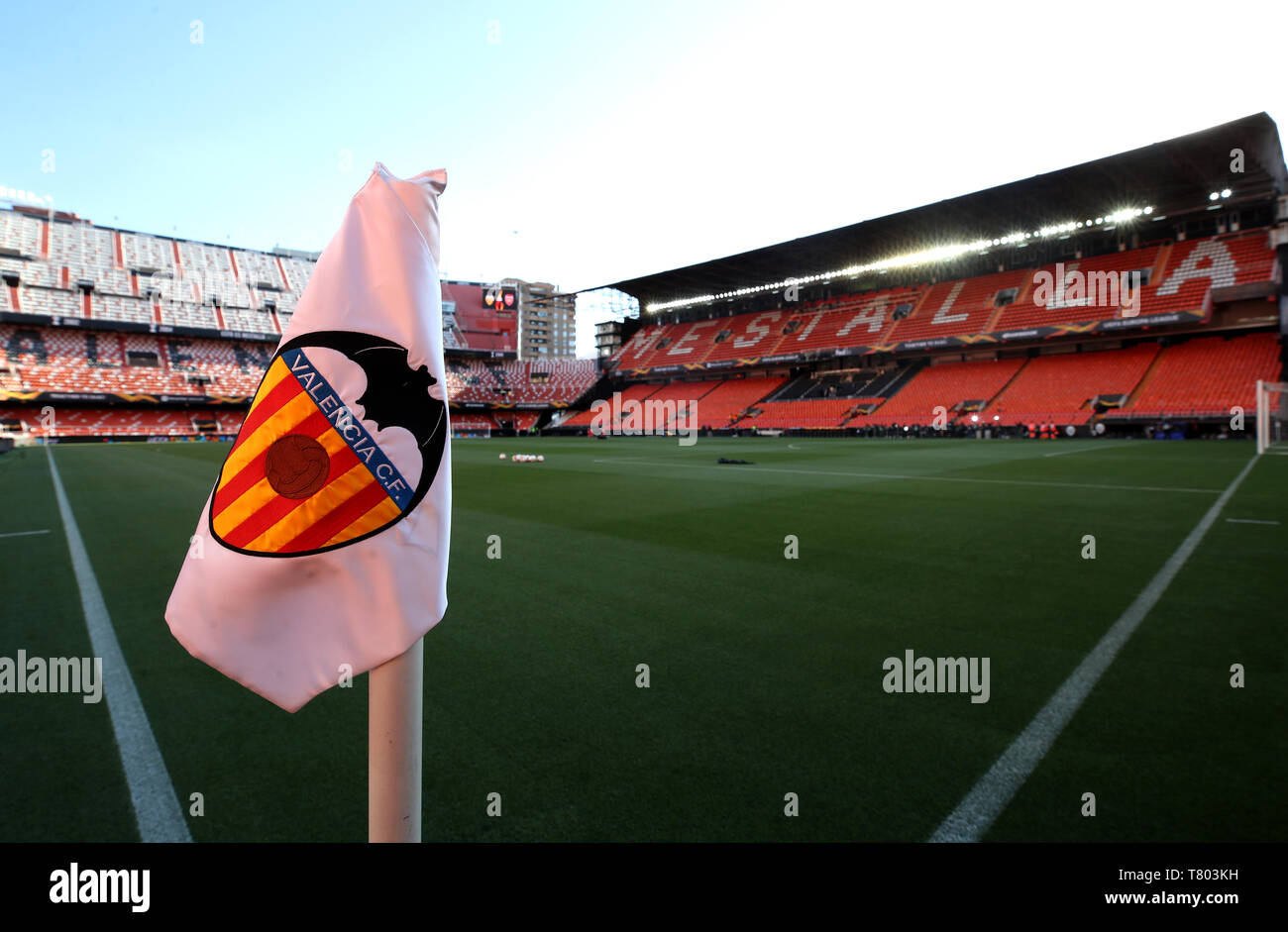 A general view of the stadium prior to the beginning of the UEFA Europa League, Semi Final, Second Leg at the Camp de Mestalla, Valencia. Stock Photo