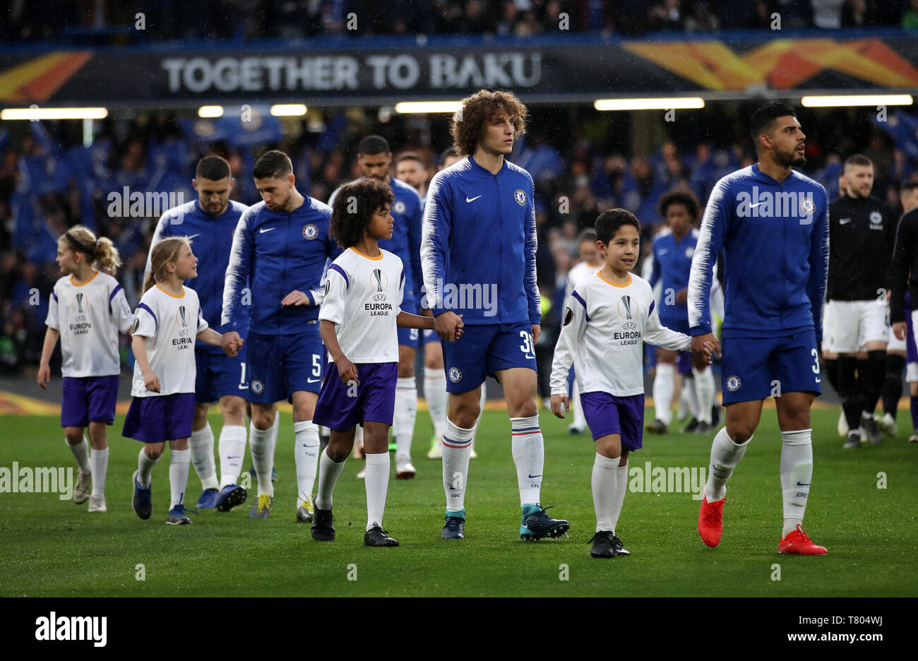 The Chelsea team walk out during the UEFA Europa League, Semi Final, Second Leg at Stamford Bridge, London. Stock Photo