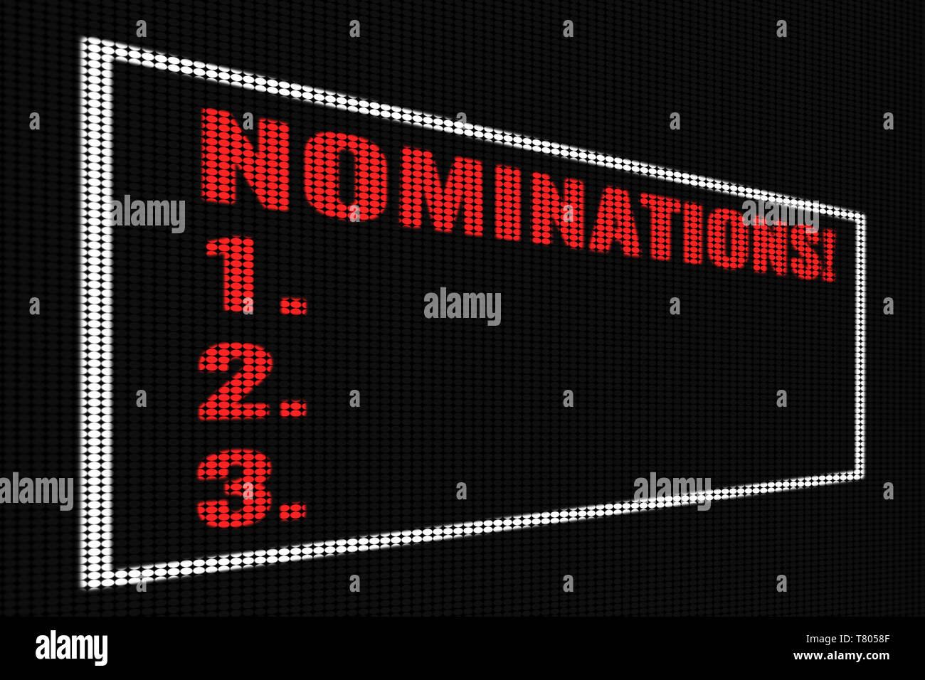 Nominations red text on dark screen, tv effect. Stock Photo