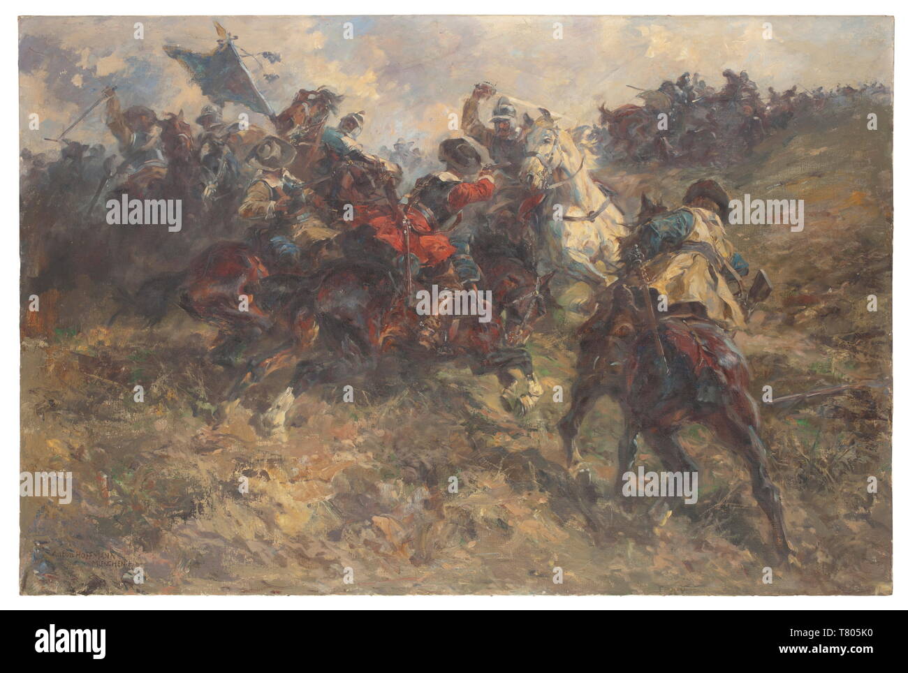 Anton Hoffmann (1863 - 1938) - A Cavalry Battle in the Thirty-Years War, circa 1900. Oil on canvas. Signed 'Anton Hoffmann Muenchen' at the lower left. Strikingly lifelike representation of a cavalry battle with convincing atmosphere and an extremely dynamic constellation of figures. Slight traces of age. Dimensions ca. 135 x 90 cm. A graduate of the Munich Art Academy, Anton Hoffmann specialised in military paintings and illustrations. His work harmoniously blends convincing impressionistic ductus with consistent portrayals of weapons and equipm, Additional-Rights-Clearance-Info-Not-Available Stock Photo