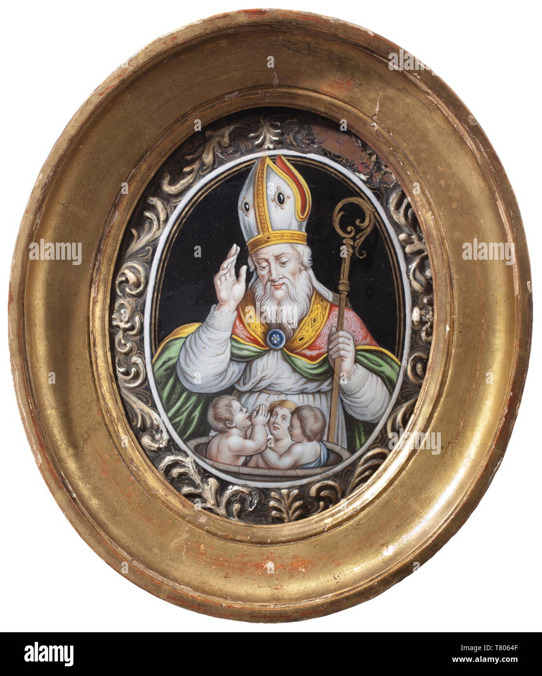 An enamel picture of Saint Nicholas, Laudin, Limoges, end of the 17th century. Slightly curved, polychrome depiction of Nicholas conveying a blessing, with three children. The edge with continuous floral border (damaged on the upper side). The reverse side with golden inscription 'Laudin au Fauxbourgs De Manigne a Limoges I.L.'. In a profiled (slightly damaged) gold frame. Height of the picture circa 16 cm, height of the frame 22.5 cm. historic, historical, handicrafts, handcraft, craft, object, objects, stills, clipping, clippings, cut out, cut-, Additional-Rights-Clearance-Info-Not-Available Stock Photo