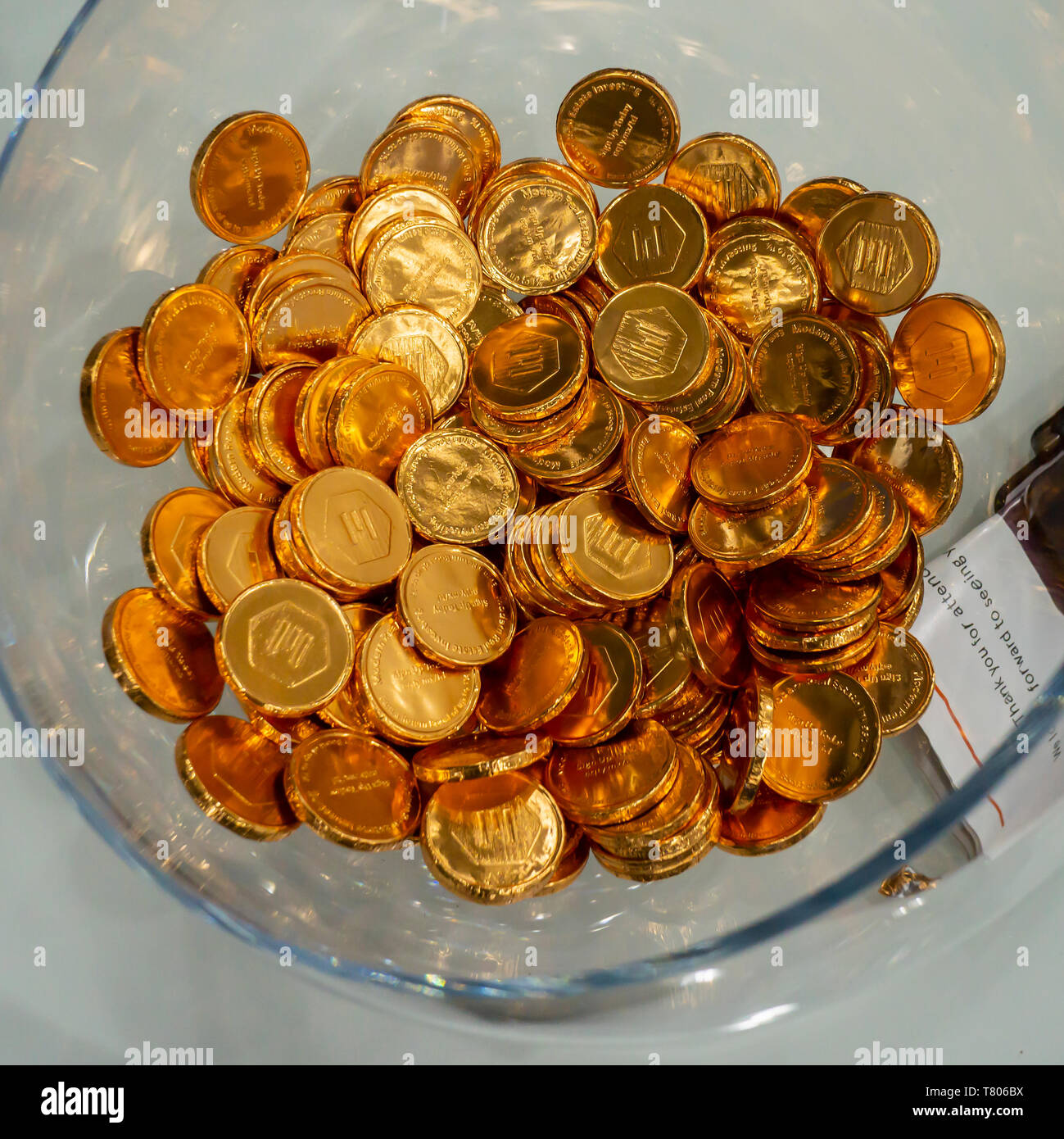 Candy bowls from an assorment of start-ups at the TechDay event in New York on Thursday, May 2, 2019 at the Jacob Javits Convention Center  (© Richard B. Levine) Stock Photo