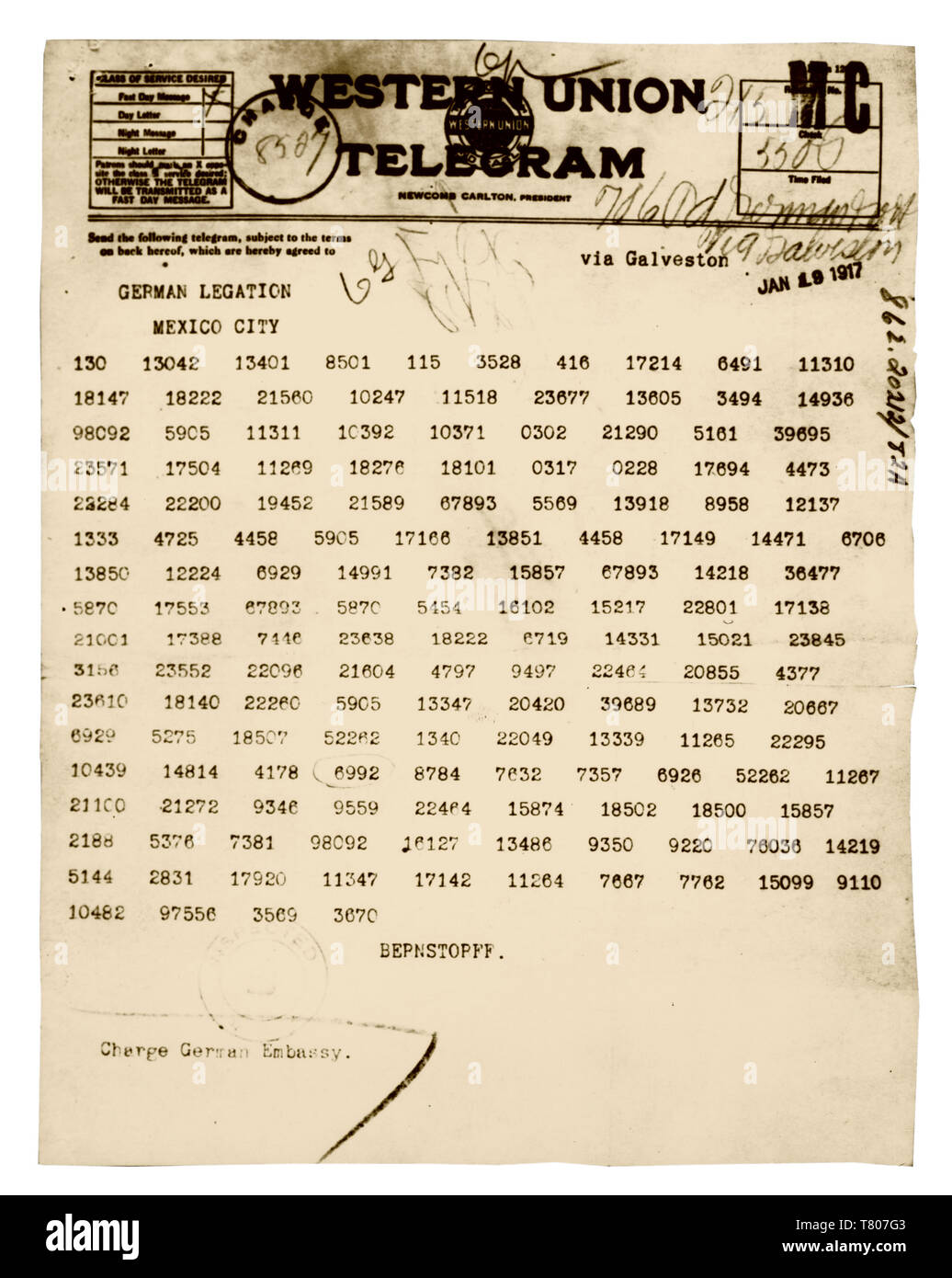 Zimmermann Telegram, 1917 Stock Photo