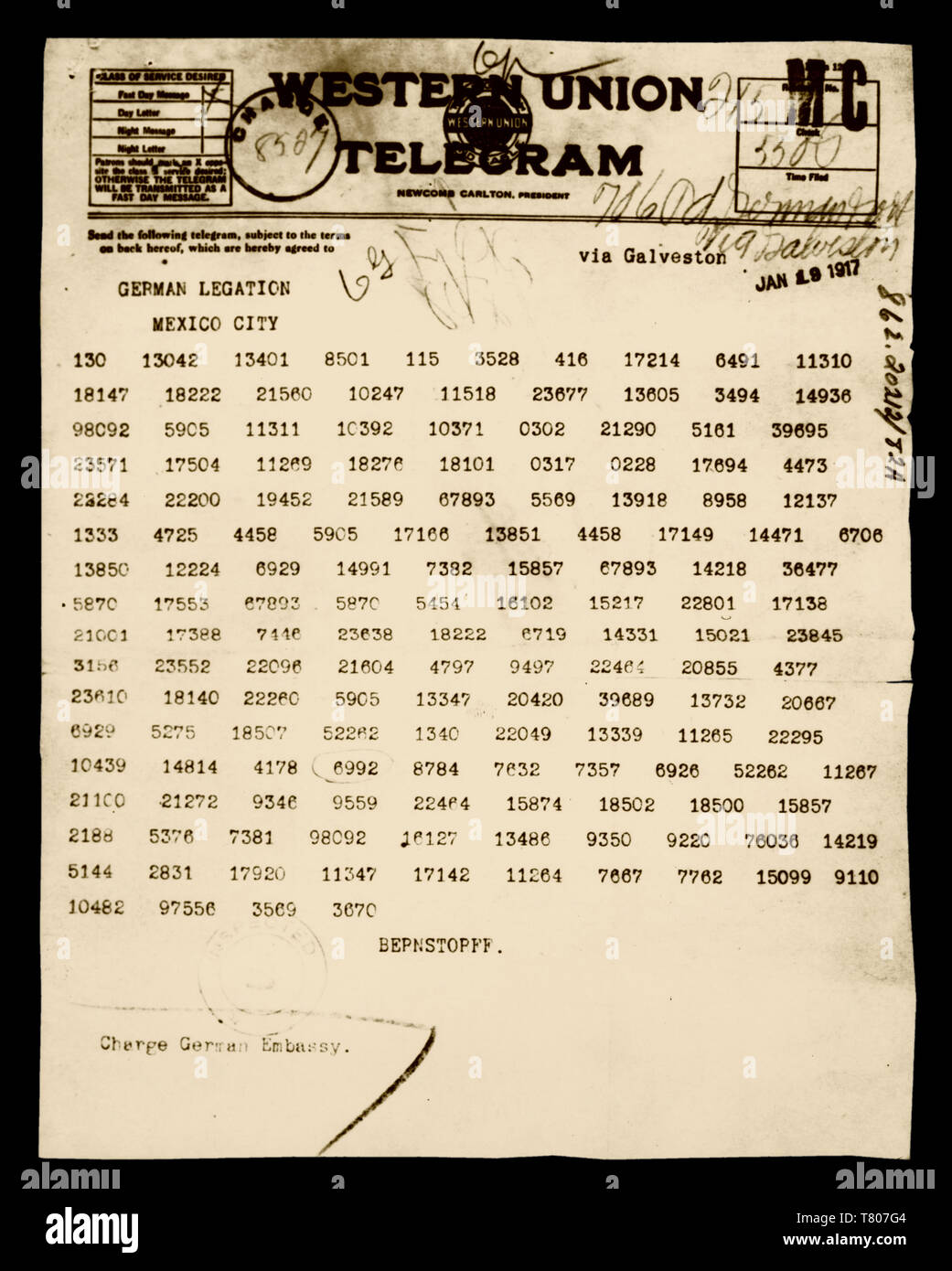 Zimmermann Telegram, 1917 Stock Photo