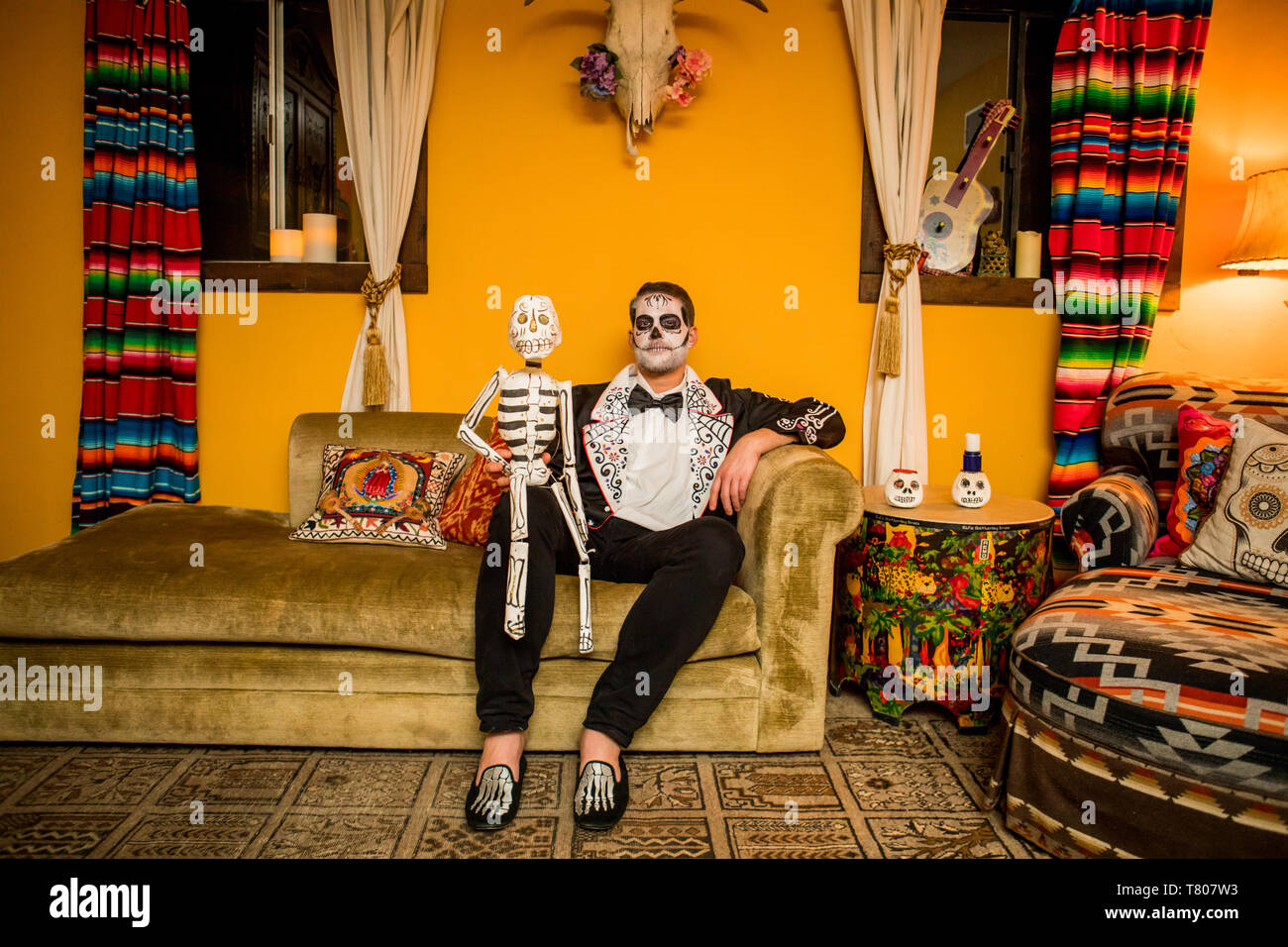 Man in Dia de los Muertos makeup and costume, Day of the Dead celebration in the desert, California, United States of America, North America Stock Photo