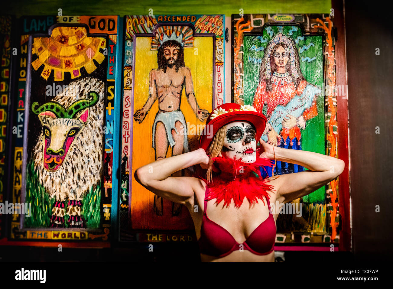 Woman in Dia de los Muertos makeup and costume, Day of the Dead celebration in the desert, California, United States of America, North America Stock Photo