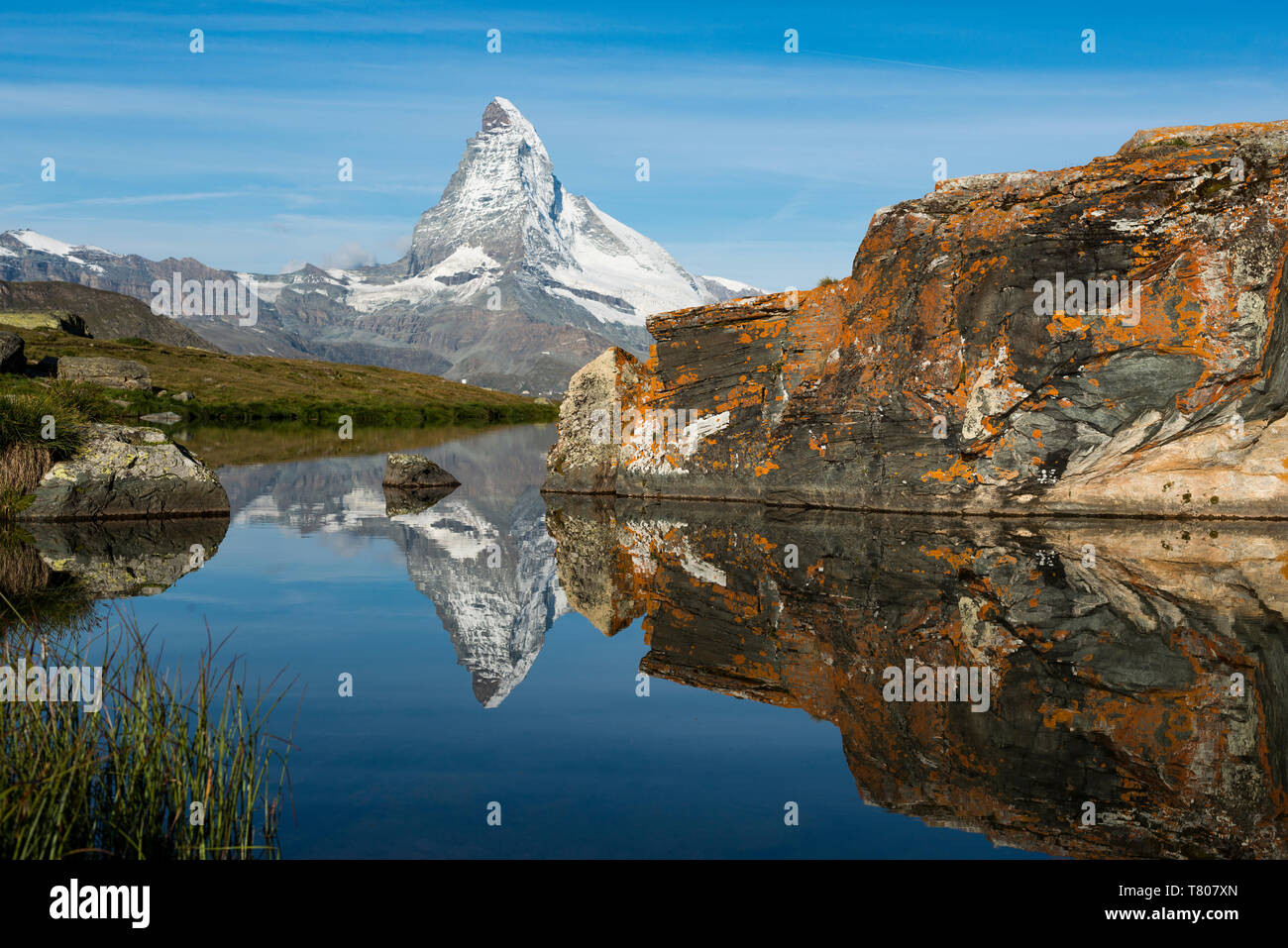 The Matterhorn reflected in Stellisee lake in the Swiss Alps, Switzerland, Europe Stock Photo