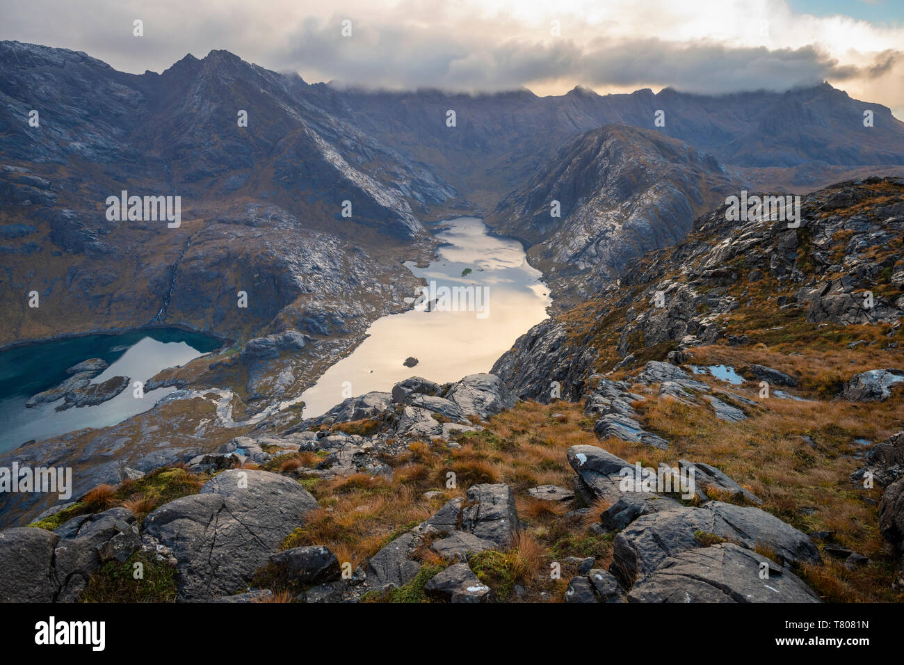 Loch Coruisk and the main Cuillin ridge seen from the top of Sgurr Na Stri on the Isle of Skye, Inner Hebrides, Scottish Highlands, Scotland, UK Stock Photo