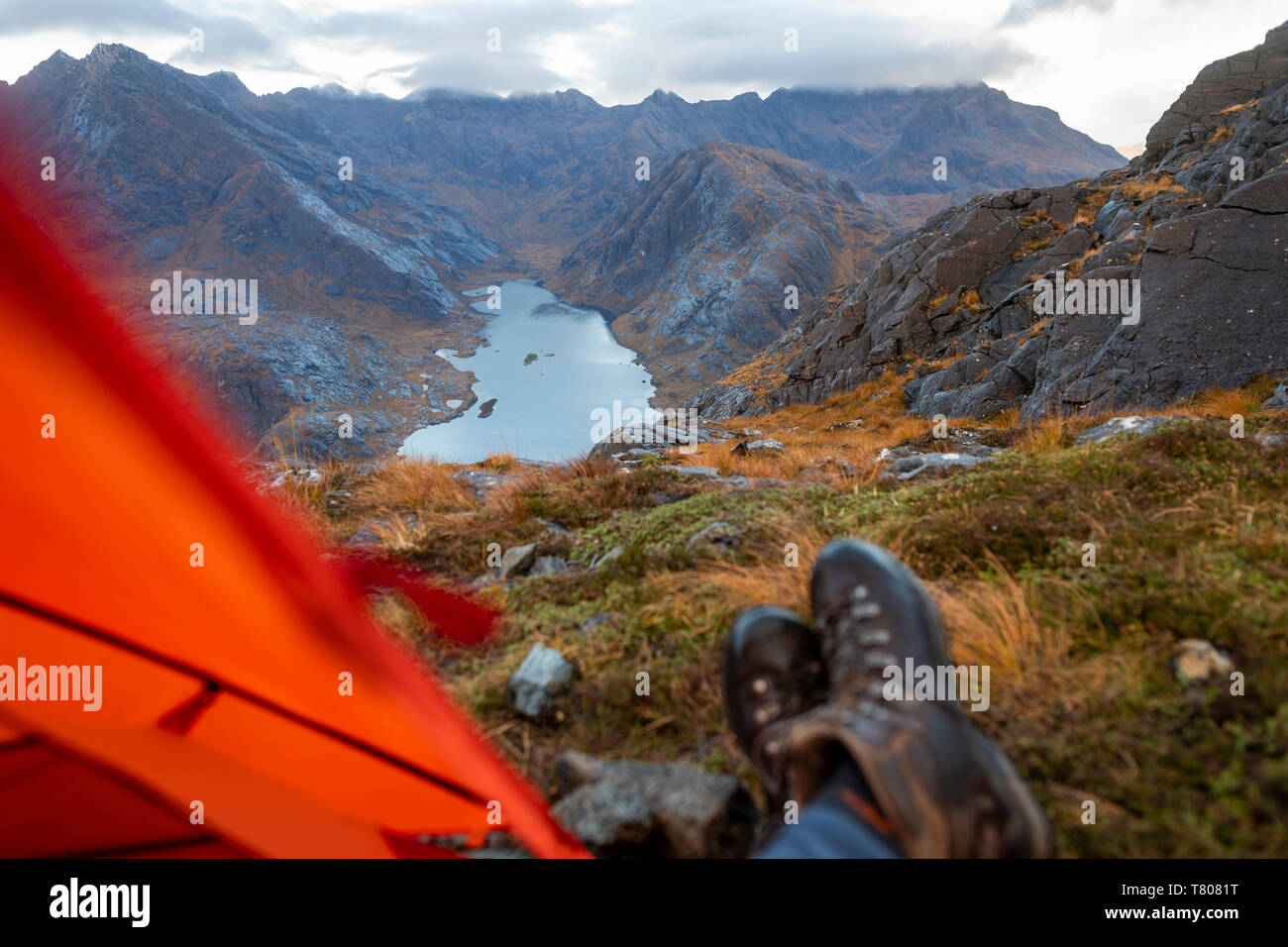 Wild camping on the top of Sgurr Na Stri looking towards Loch Coruisk and the main Cuillin ridge, Isle of Skye, Inner Hebrides, Scotland, UK Stock Photo