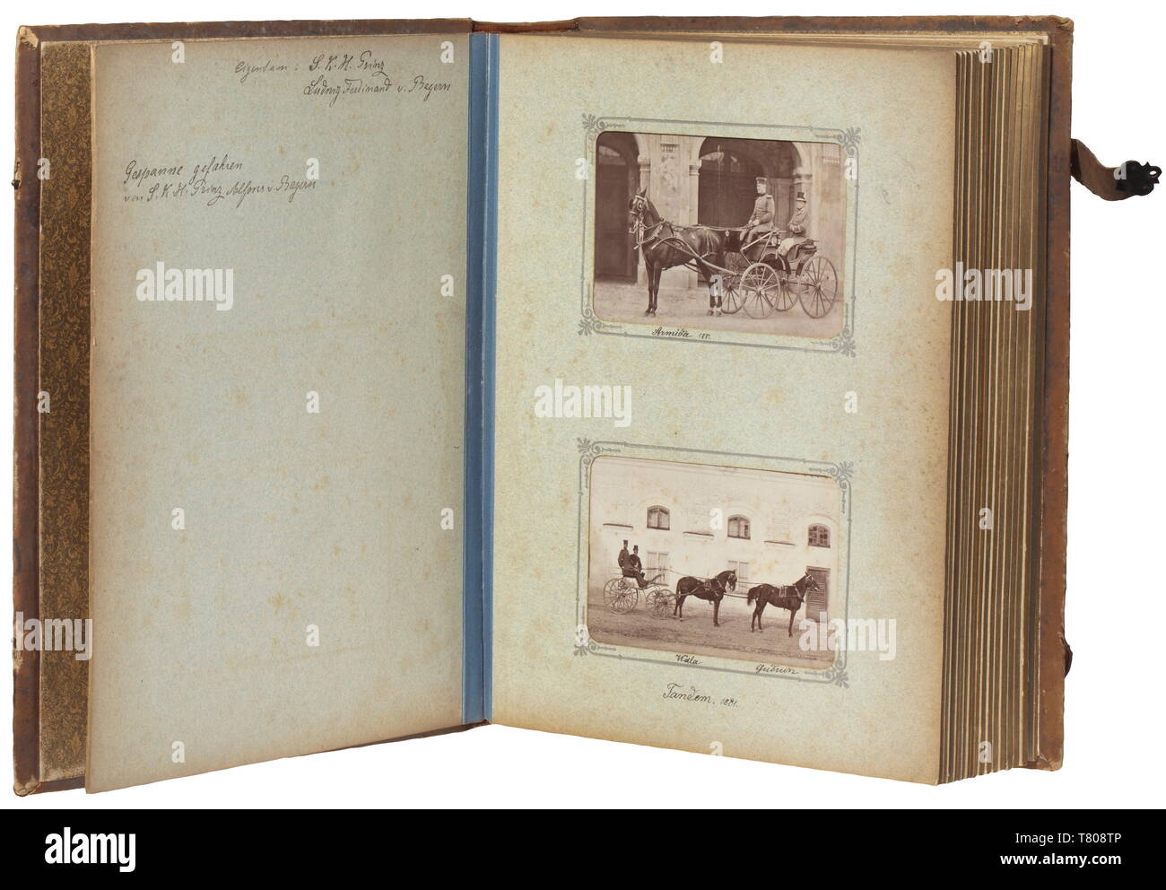Prince Alfons of Bavaria (1862 - 1933) - a carte-de-visite album The inscribed album has a total of 28 outstanding, detailed carte-de-visite pictures from the period 1881 - 83. With a handwritten addition inside (tr.) 'Horses and carriages driven by HRH Prince Alfons of Bavaria' and the owner's inscription for Prince Ludwig Ferdinand of Bavaria. In a splendid leather binding with decorative gold stamped fleurs-de-lys. The centre bears the historical coat of arms of the Bavarian kings, rendered in colour beneath Prince AlfonsÂ´ crowned cipher. Dim, Additional-Rights-Clearance-Info-Not-Available Stock Photo