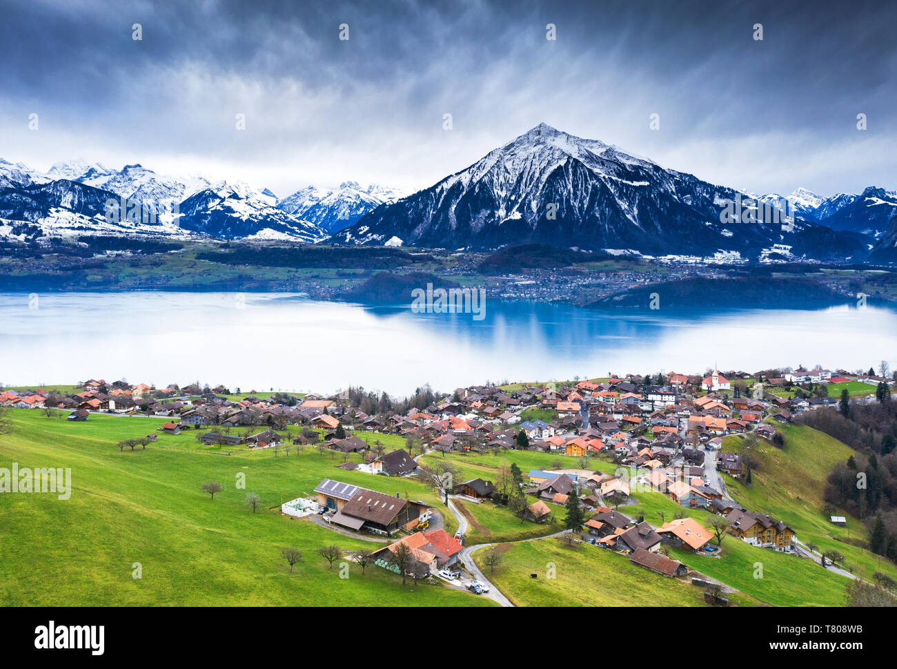 Aerial view of Sigriswil with Thun Lake, Canton of Bern, Switzerland, Europe Stock Photo