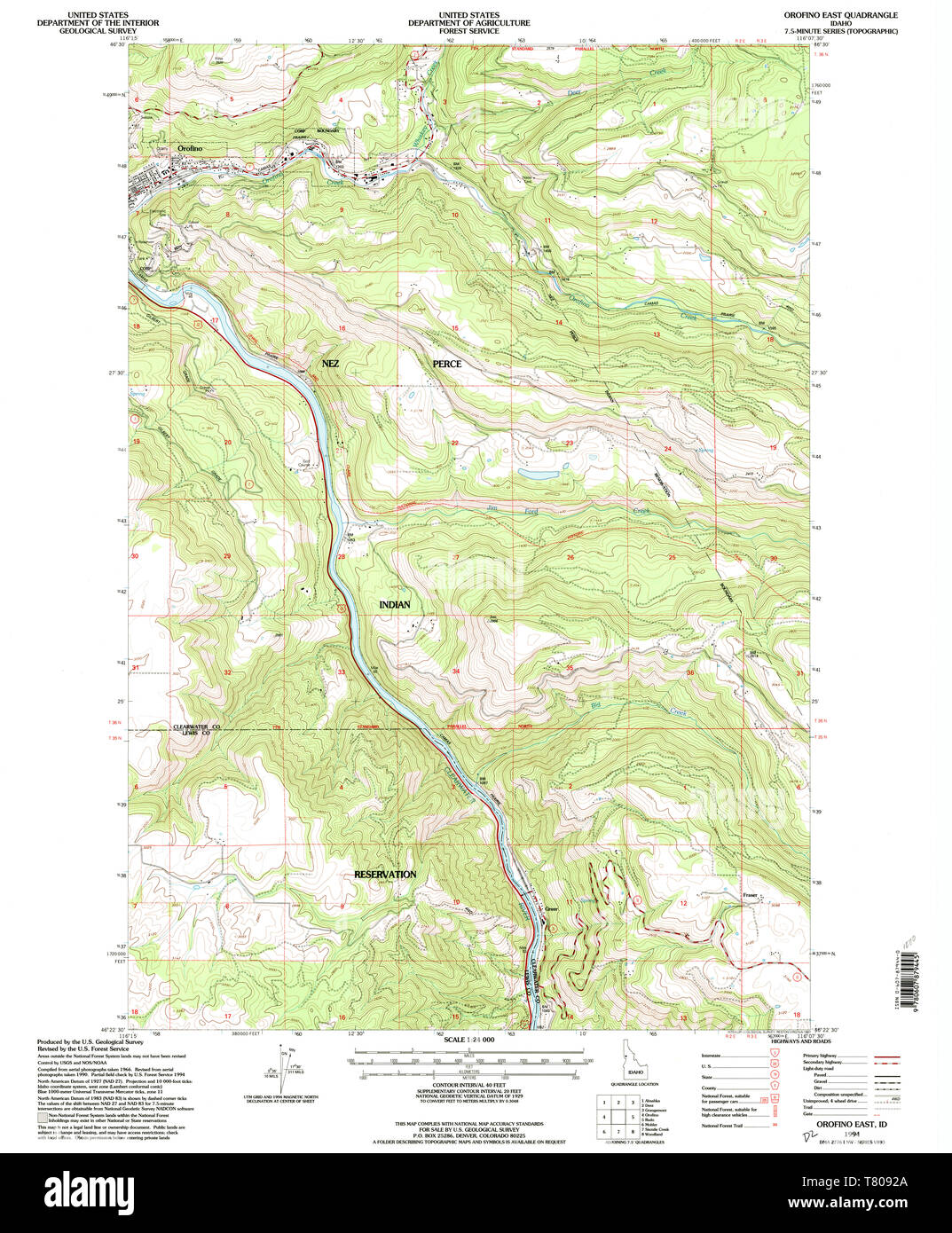 USGS TOPO Map Idaho ID Orofino East 237484 1994 24000 Restoration Stock Photo