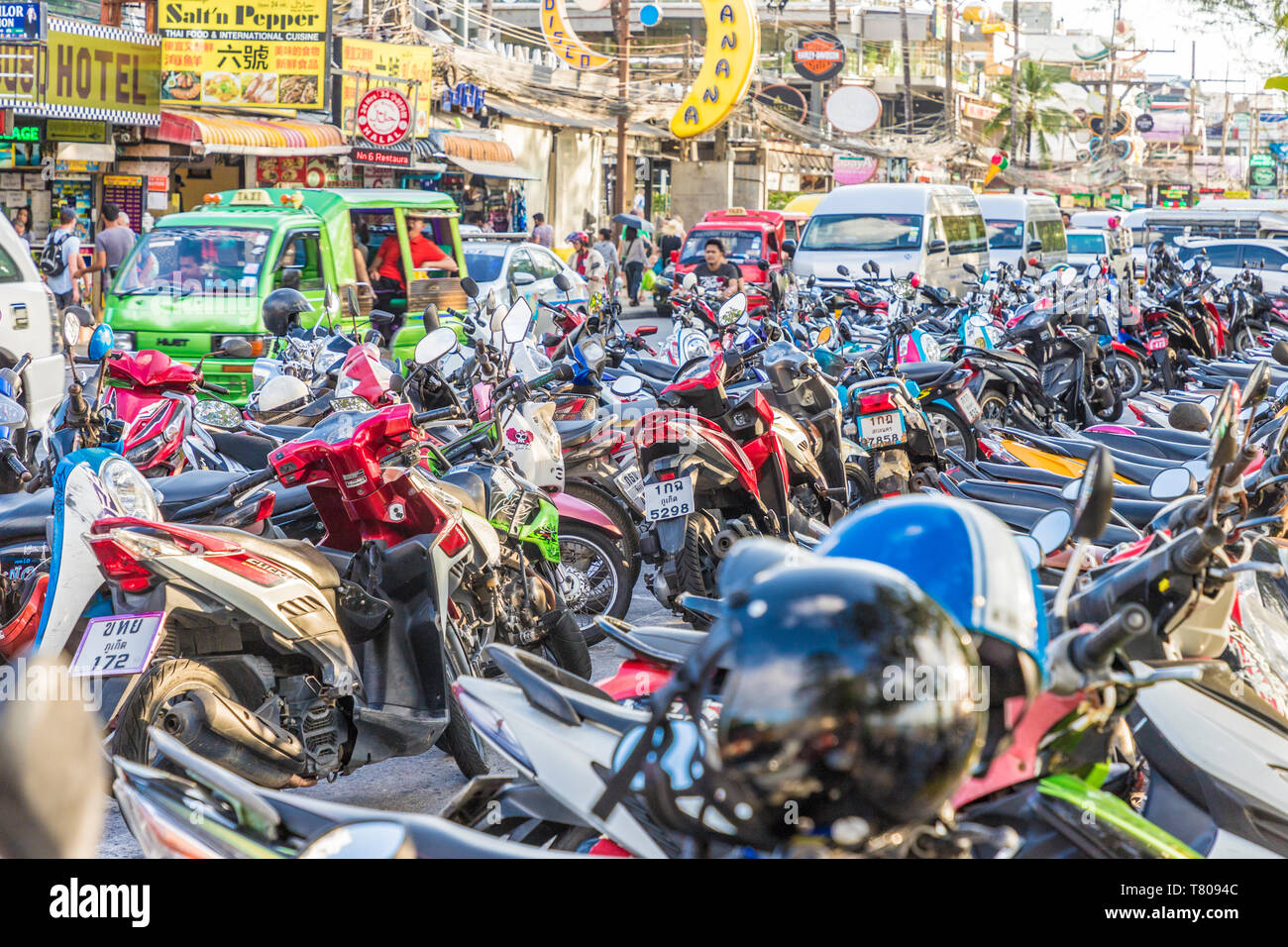Motorbike parking in Patong, Phuket, Thailand, Southeast Asia, Asia Stock Photo