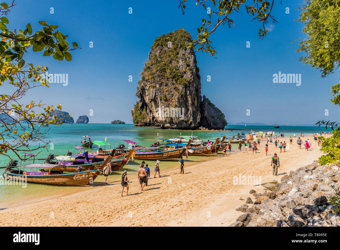 Long tail boats on Phra Nang Cave Beach on Railay in Ao Nang, Krabi Province, Thailand, Southeast Asia, Asia Stock Photo