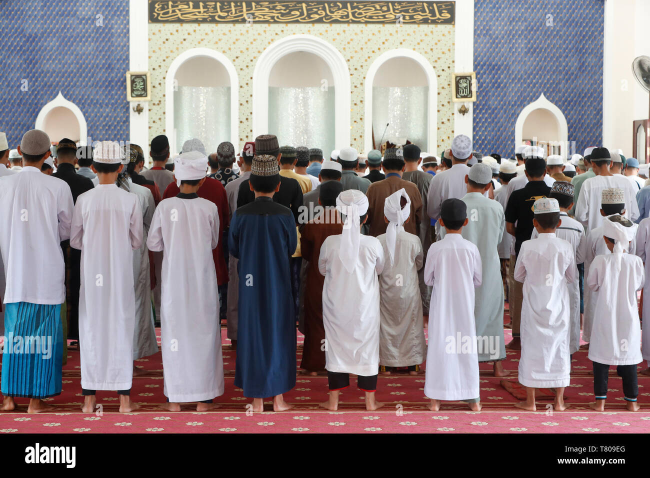 Masjid Ar-Rohmah Mosque, men at the Friday prayer (salat), Chau Doc, Vietnam, Indochina, Southeast Asia, Asia Stock Photo