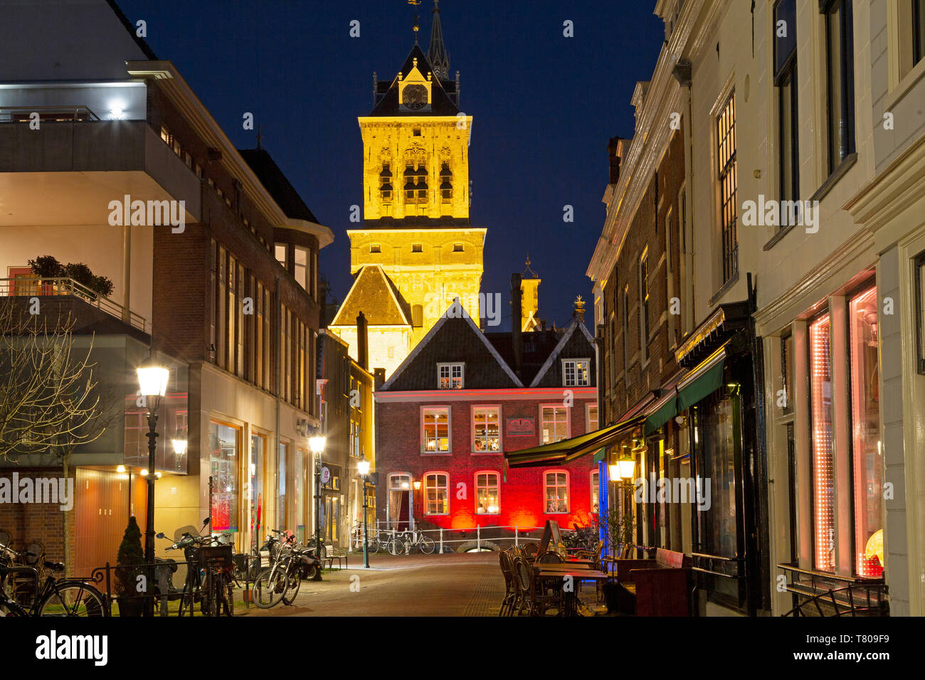 The tower of Delft Town Hall (Stadhuis) and Dutch Gold Age facades in Delft, South Holland, The Netherlands, Europe Stock Photo