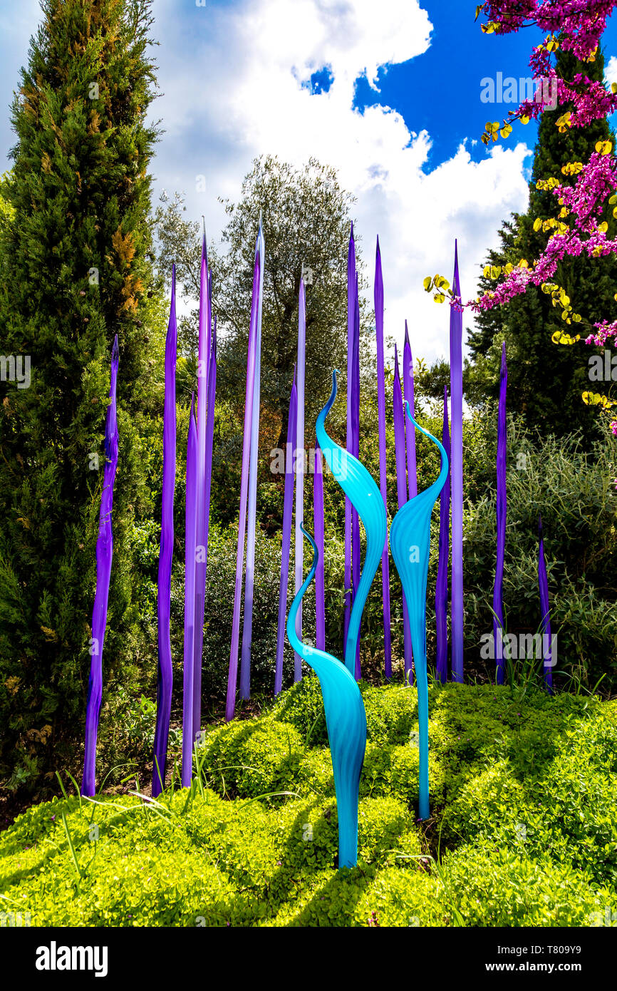 4th May 2019 - Part of 'Neodymium Reeds and Turquoise Marlins' by Dale Chihuly glass sculpture as part of temporary exhibition at Kew Gardens, London Stock Photo