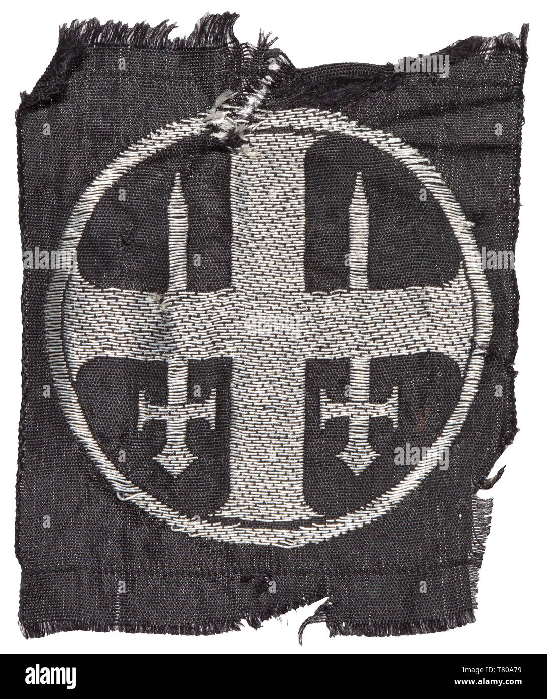 A sleeve badge for officers of the Norwegian Legion, who previously were members of the Nasjonal Samling Rikshird (equivalent to the German SA). Silver-woven Sonnenkreuz (Sun Cross) with applied swords on a black background. Unissued, damaged. historic, historical, 20th century, 1930s, 1940s, secret service, security service, secret services, security services, police, armed service, armed services, NS, National Socialism, Nazism, Third Reich, German Reich, Germany, utensil, piece of equipment, utensils, object, objects, stills, clipping, clippings, cut out, cut-out, cut-ou, Editorial-Use-Only Stock Photo